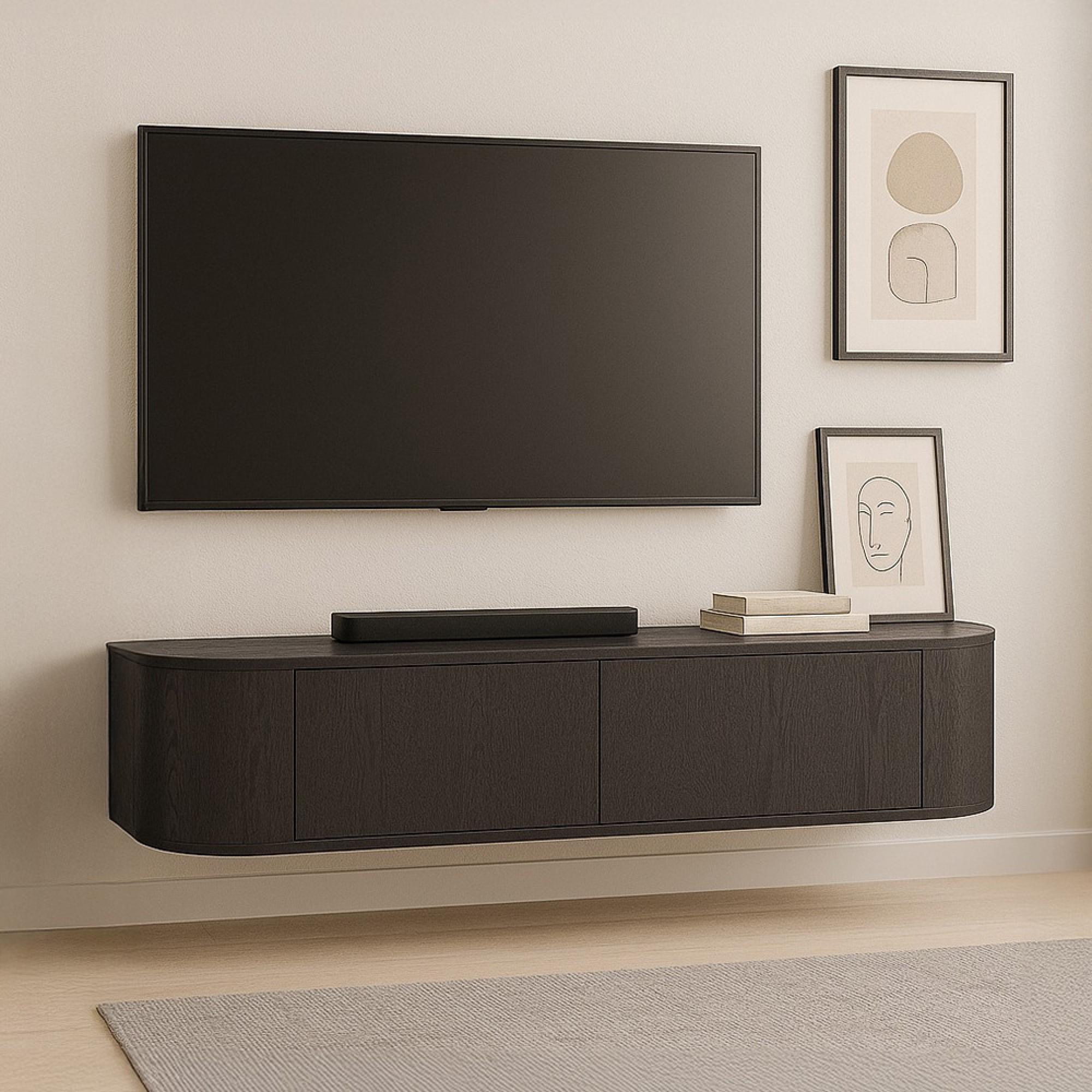 Novero Curved TV Unit - 2 Door - 140cm - Medium - Wall Mounted - Espresso Oak