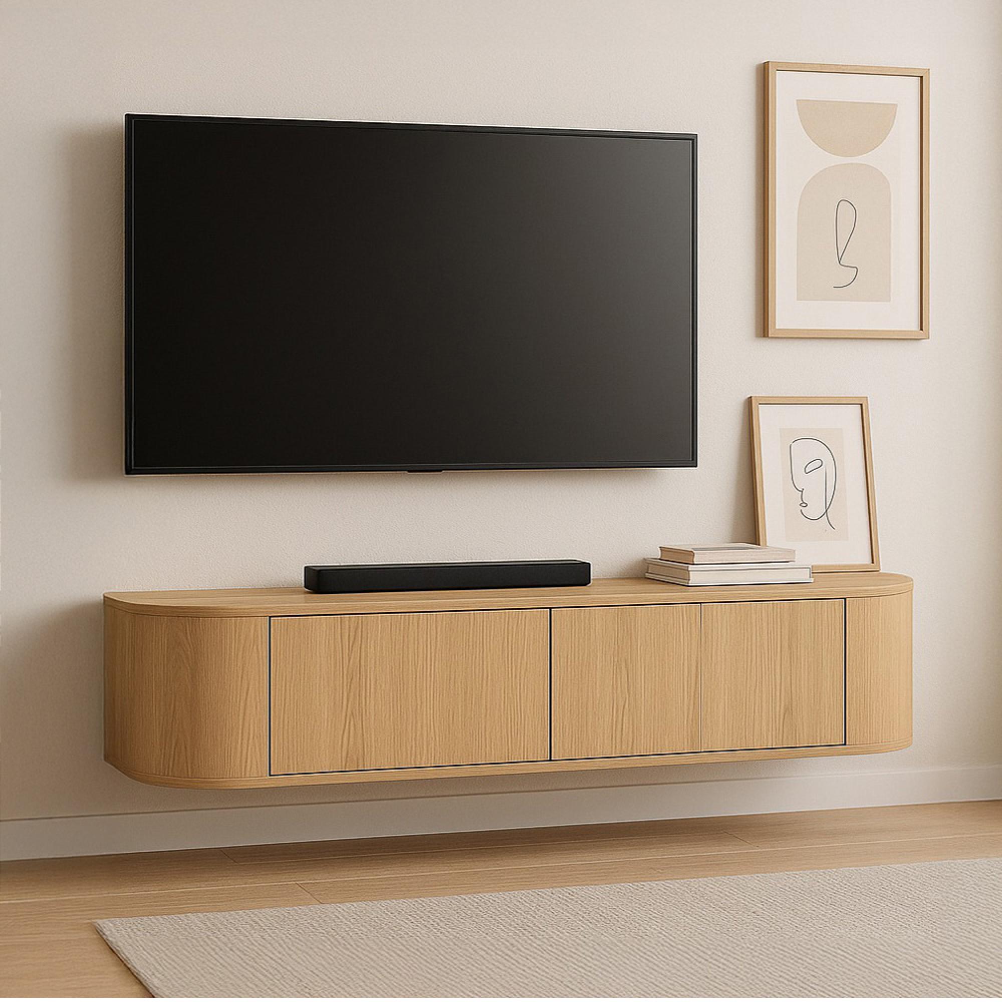 Novero Curved TV Unit - 2 Door - 140cm - Medium - Wall Mounted - Natural Oak