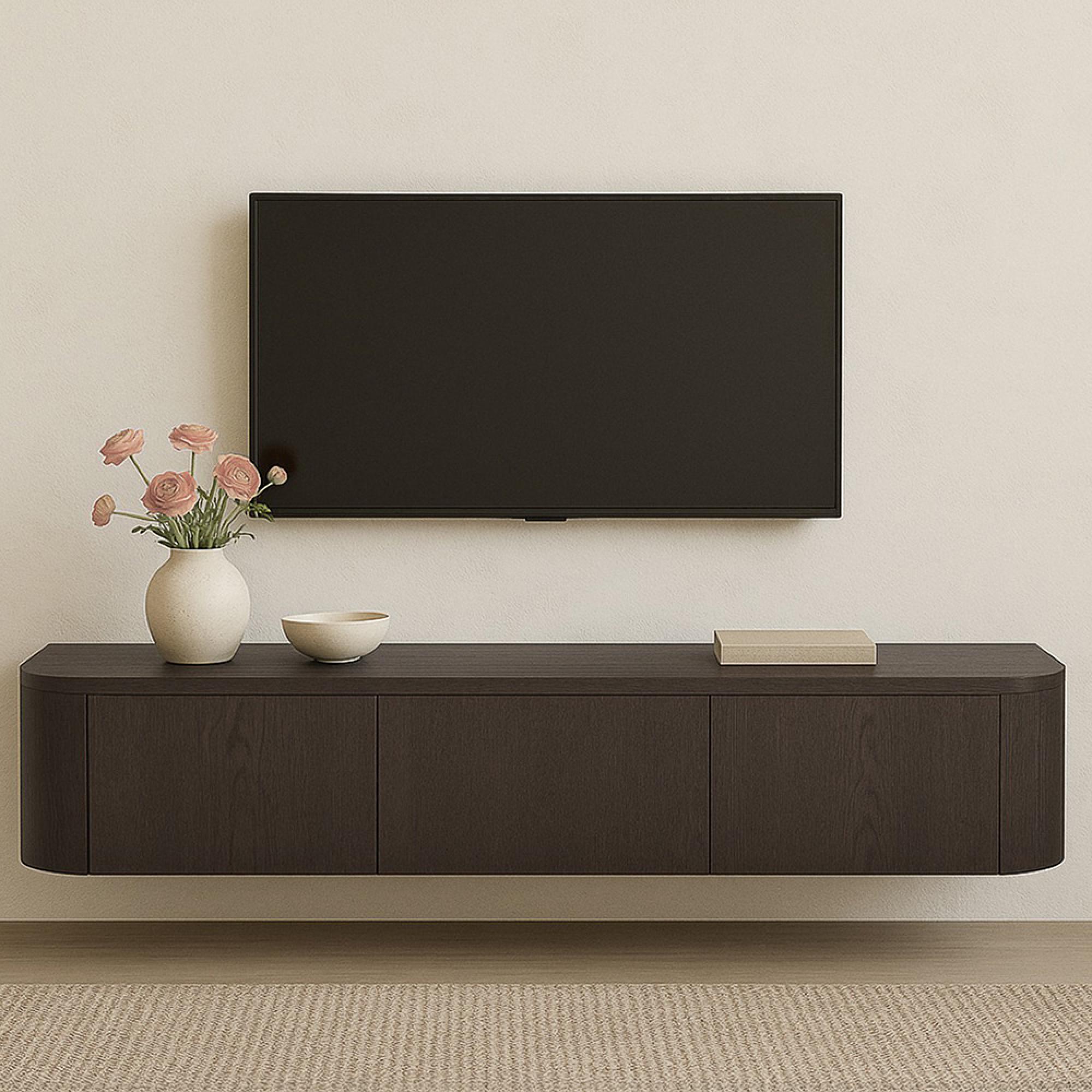Novero Curved TV Unit - 3 Door - 180cm - Medium - Wall Mounted - Espresso Oak