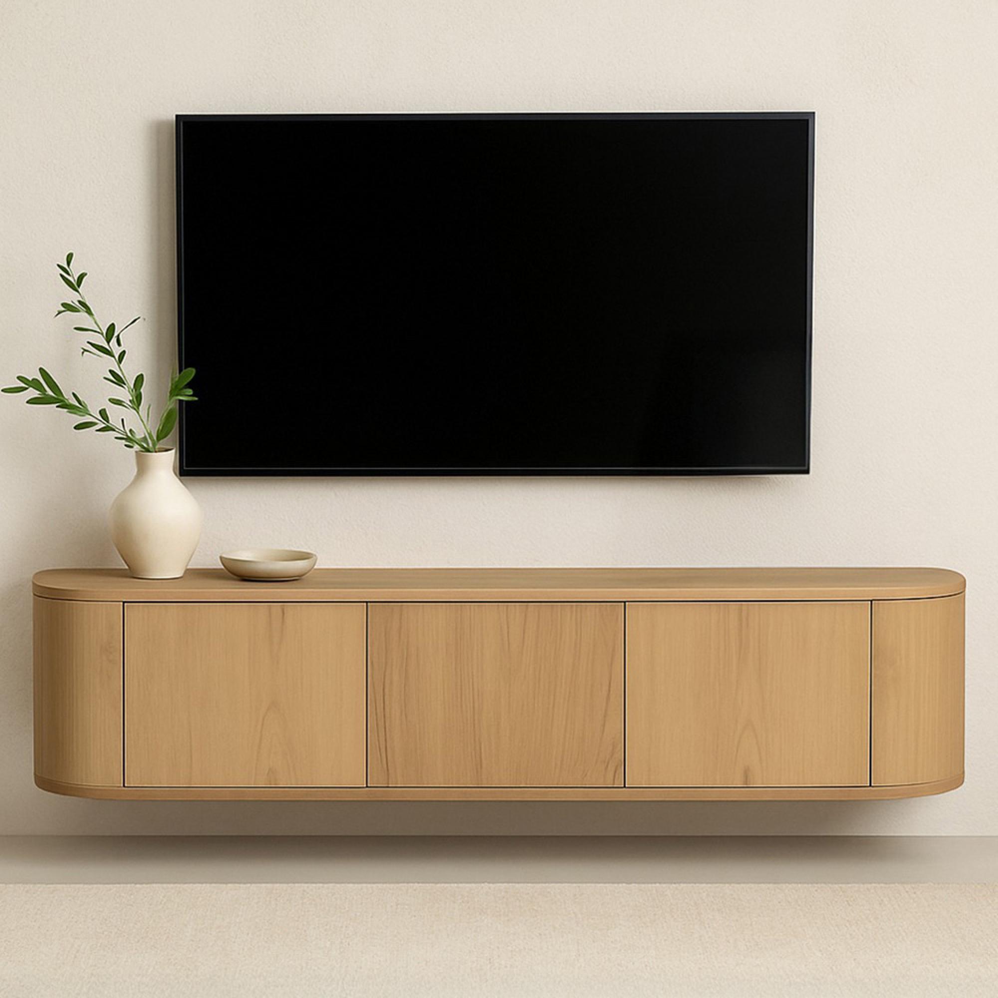 Novero Curved TV Unit - 3 Door - 180cm - Medium - Wall Mounted - Natural Oak