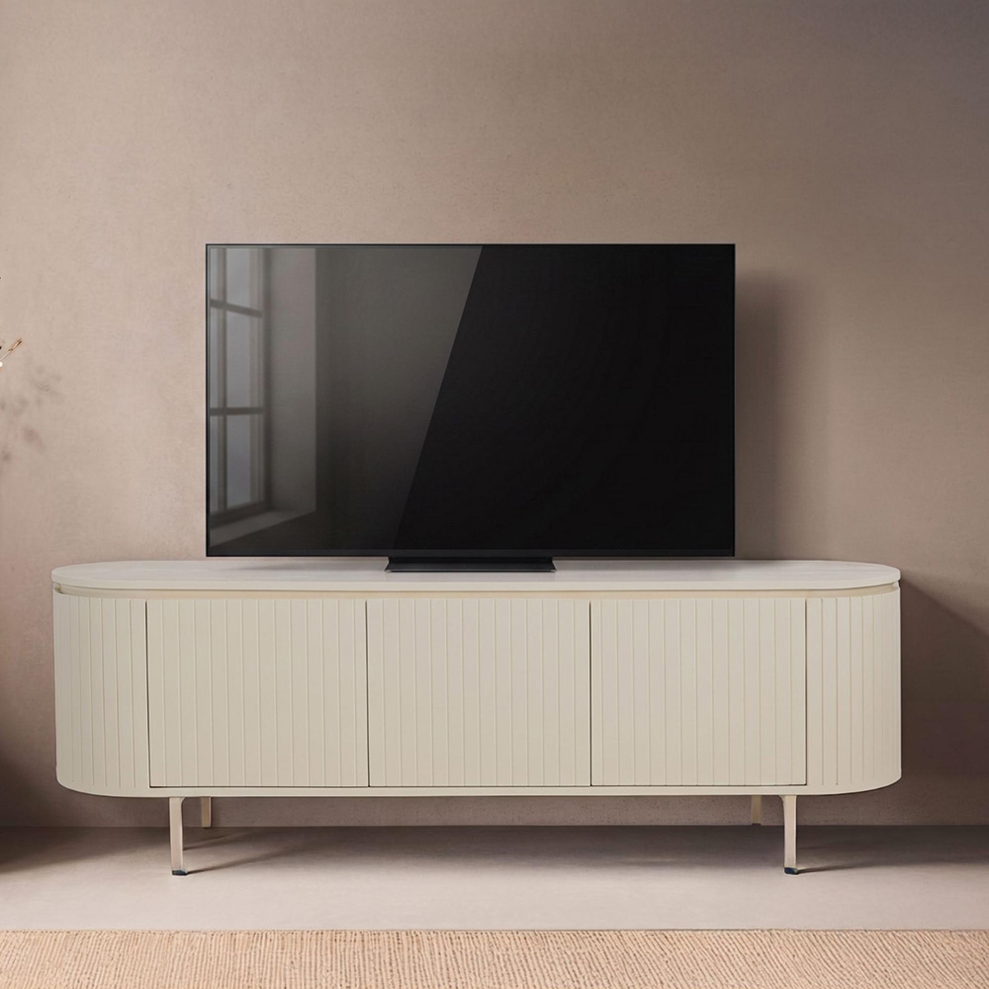 Patou Curved Fluted TV Unit - 3 Door - 170cm - Large - Off White - Mango Wood