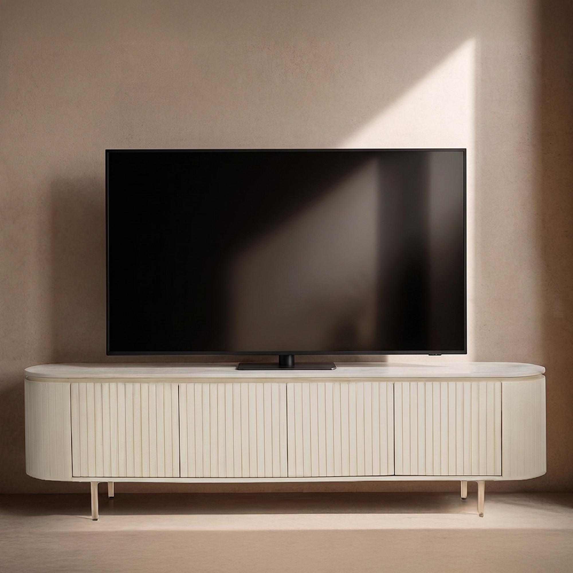 Patou Curved Fluted TV Unit - 4 Door - 210cm - Large - Off White - Mango Wood