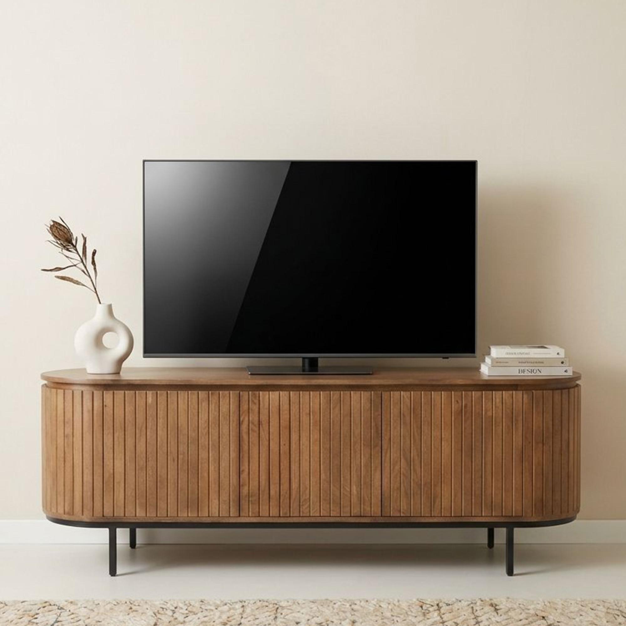Noor Curved Fluted TV Unit - 3 Door - 170cm - Medium - Brown - Mango Wood