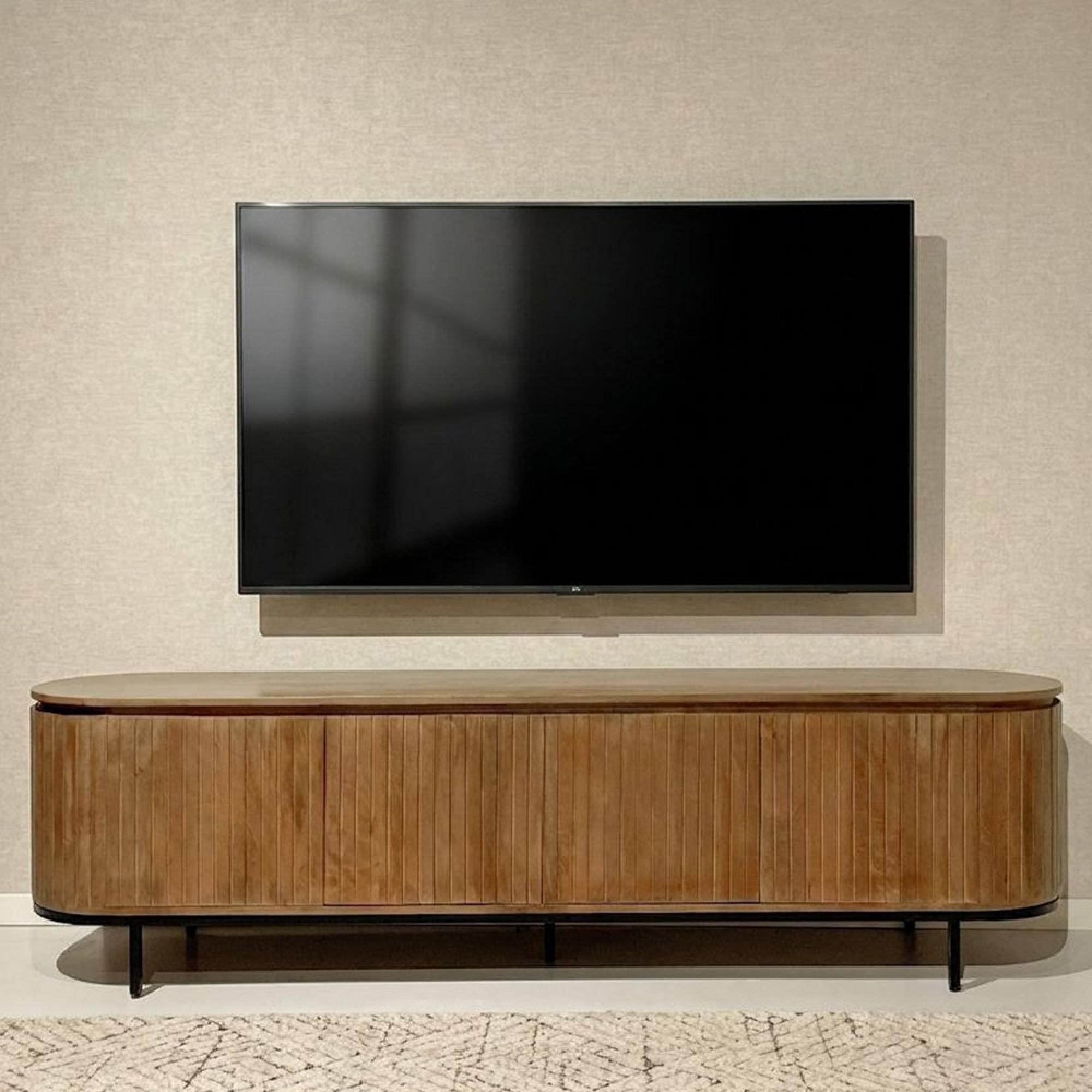 Noor Curved Fluted TV Unit - 4 Door - 210cm - Large - Brown - Mango Wood
