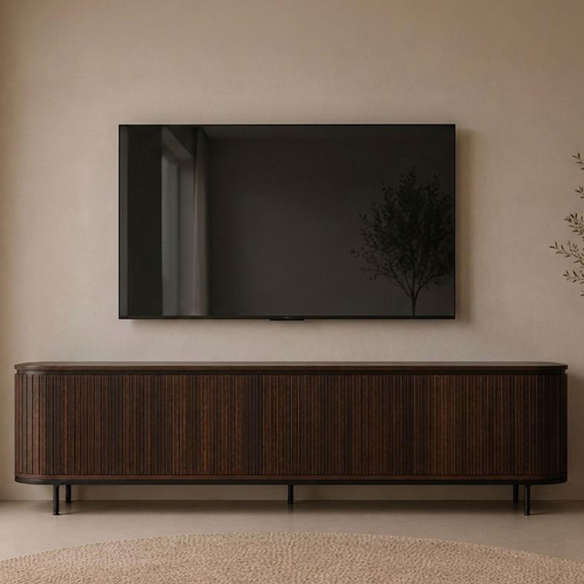 Noor Curved Fluted TV Unit - 4 Door - 210cm - Large - Walnut - Mango Wood
