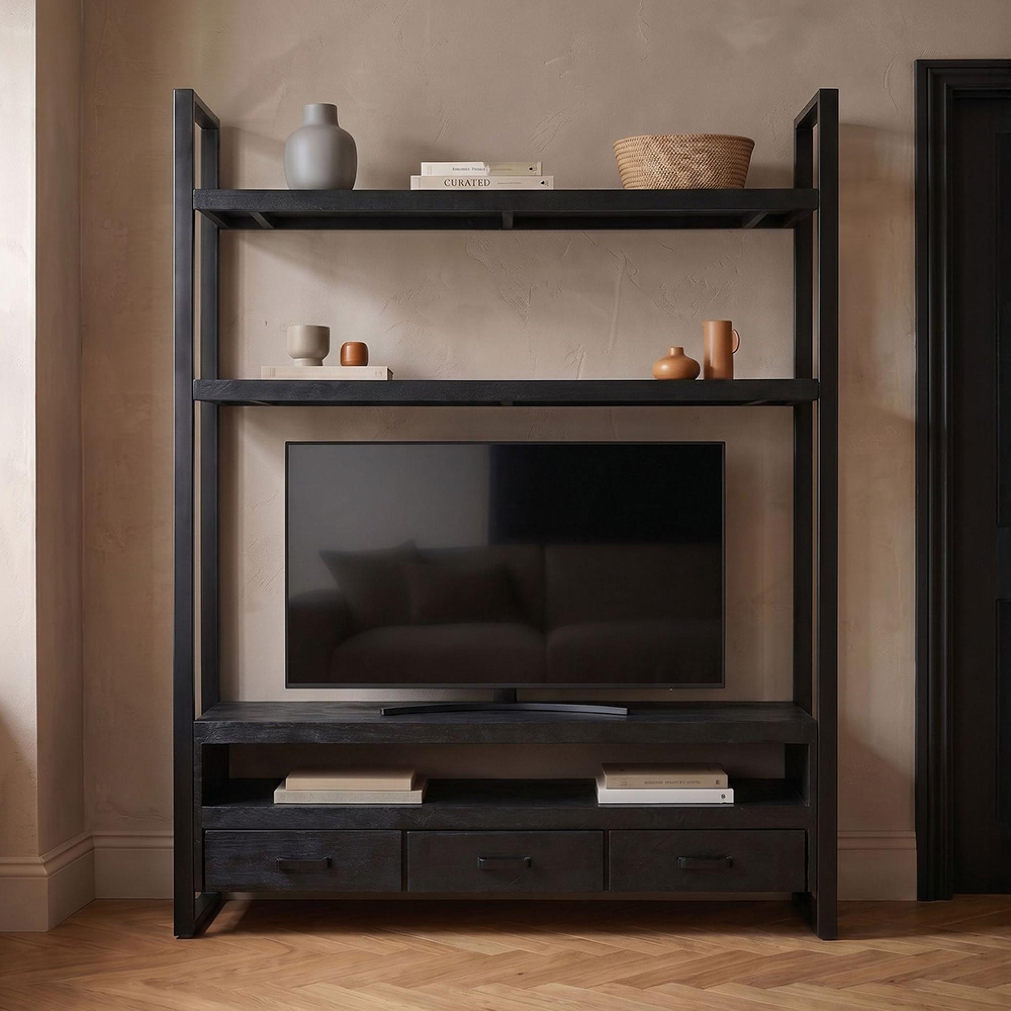 Norris TV Cabinet - 3 Drawer - 150cm - Medium - Charcoal - Rustic Mango Wood