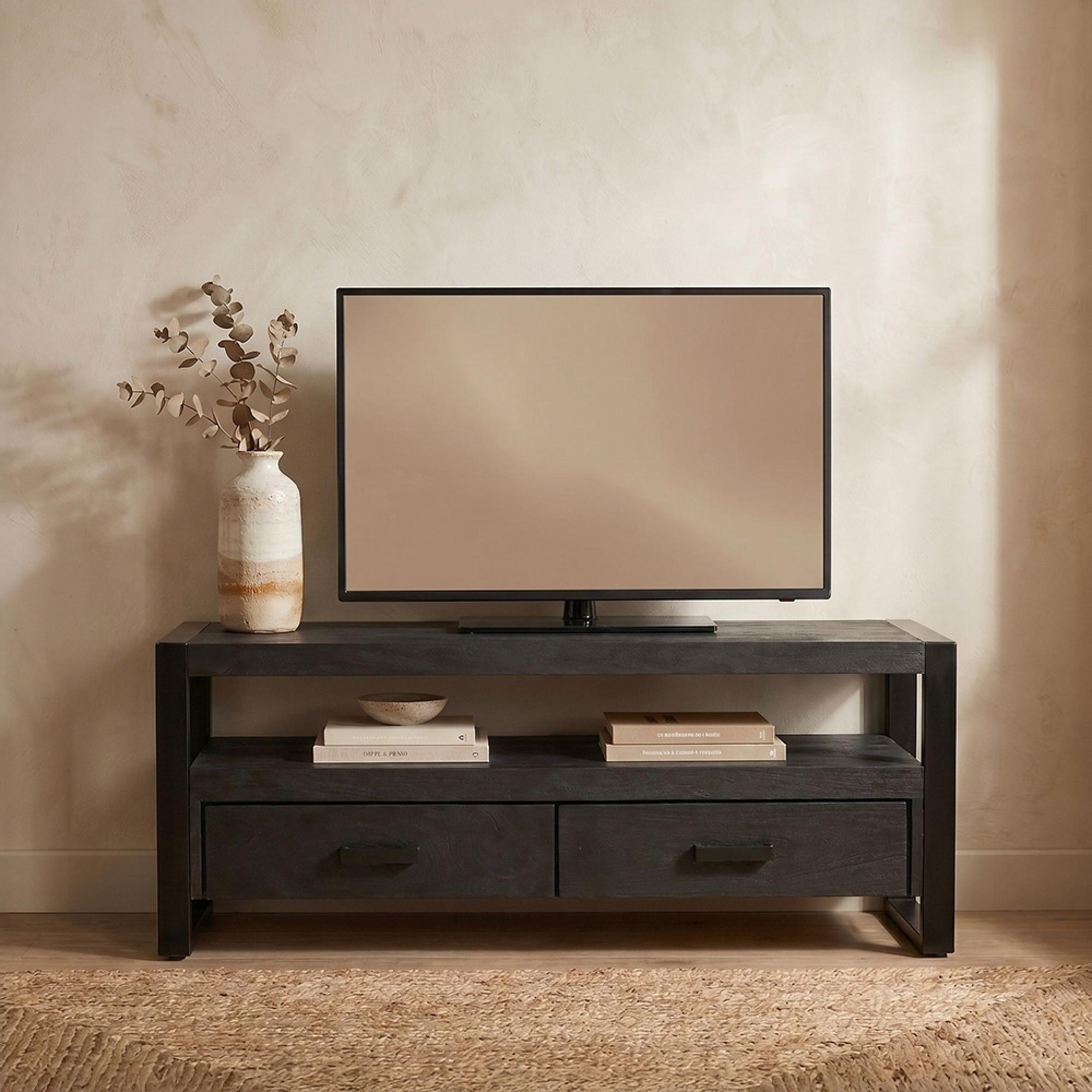 Norris TV Unit - 2 Drawer - 120cm - Small - Charcoal - Rustic Mango Wood