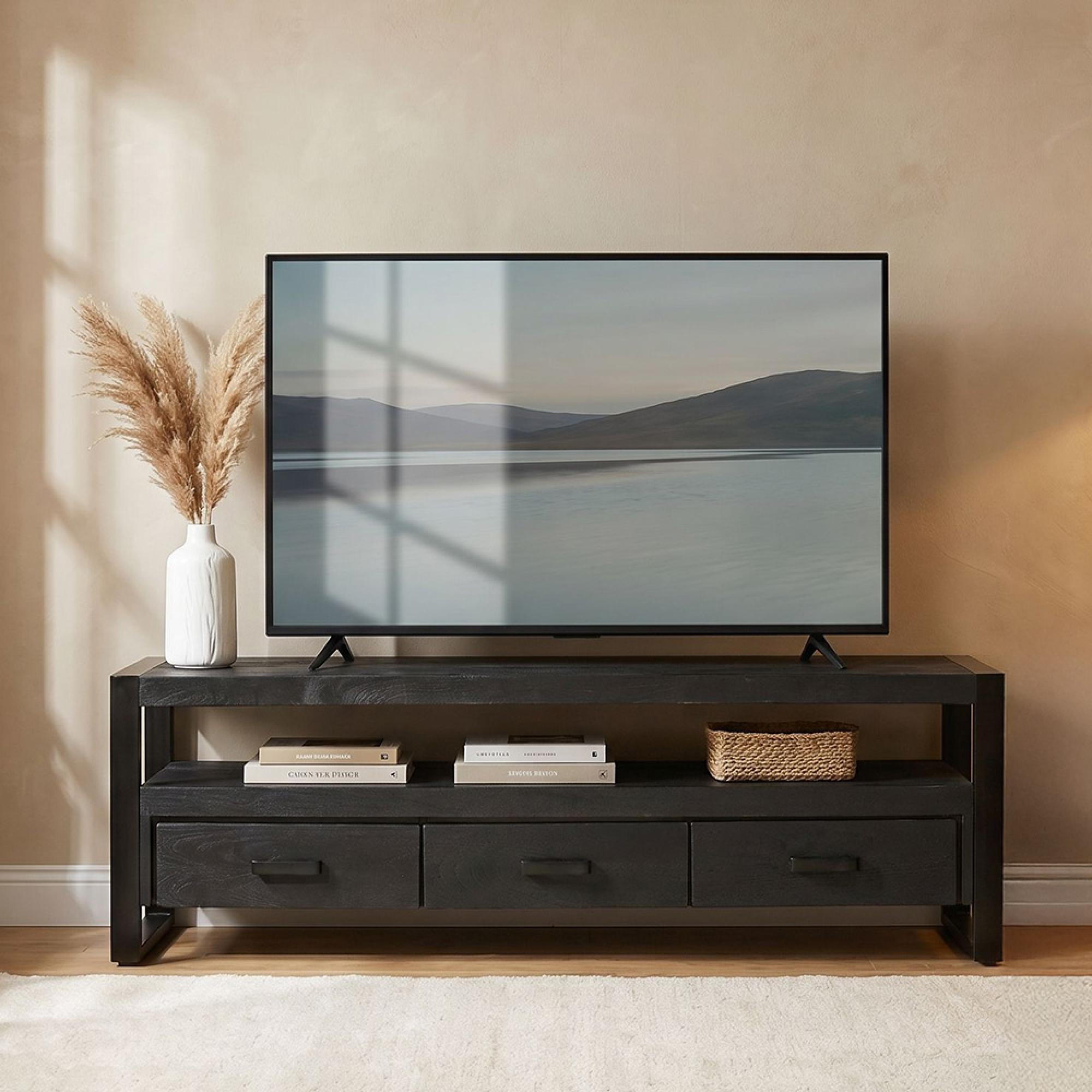 Norris TV Unit - 3 Drawer - 150cm - Medium - Charcoal - Rustic Mango Wood