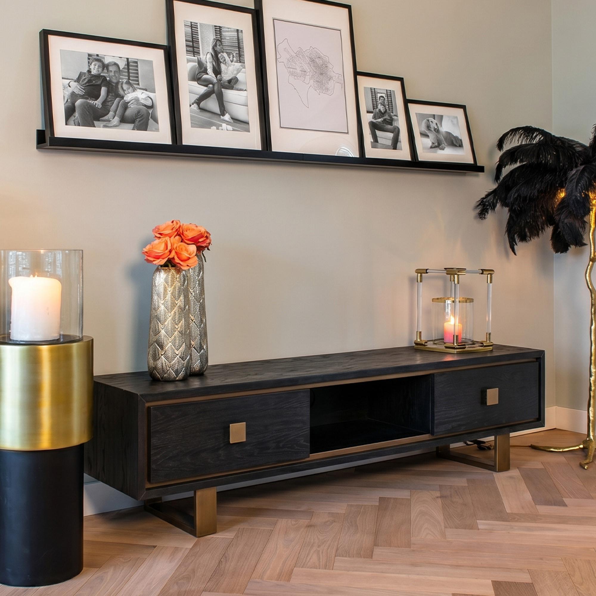 Hunter Black Oak Extra Large TV Unit with Gold Trim