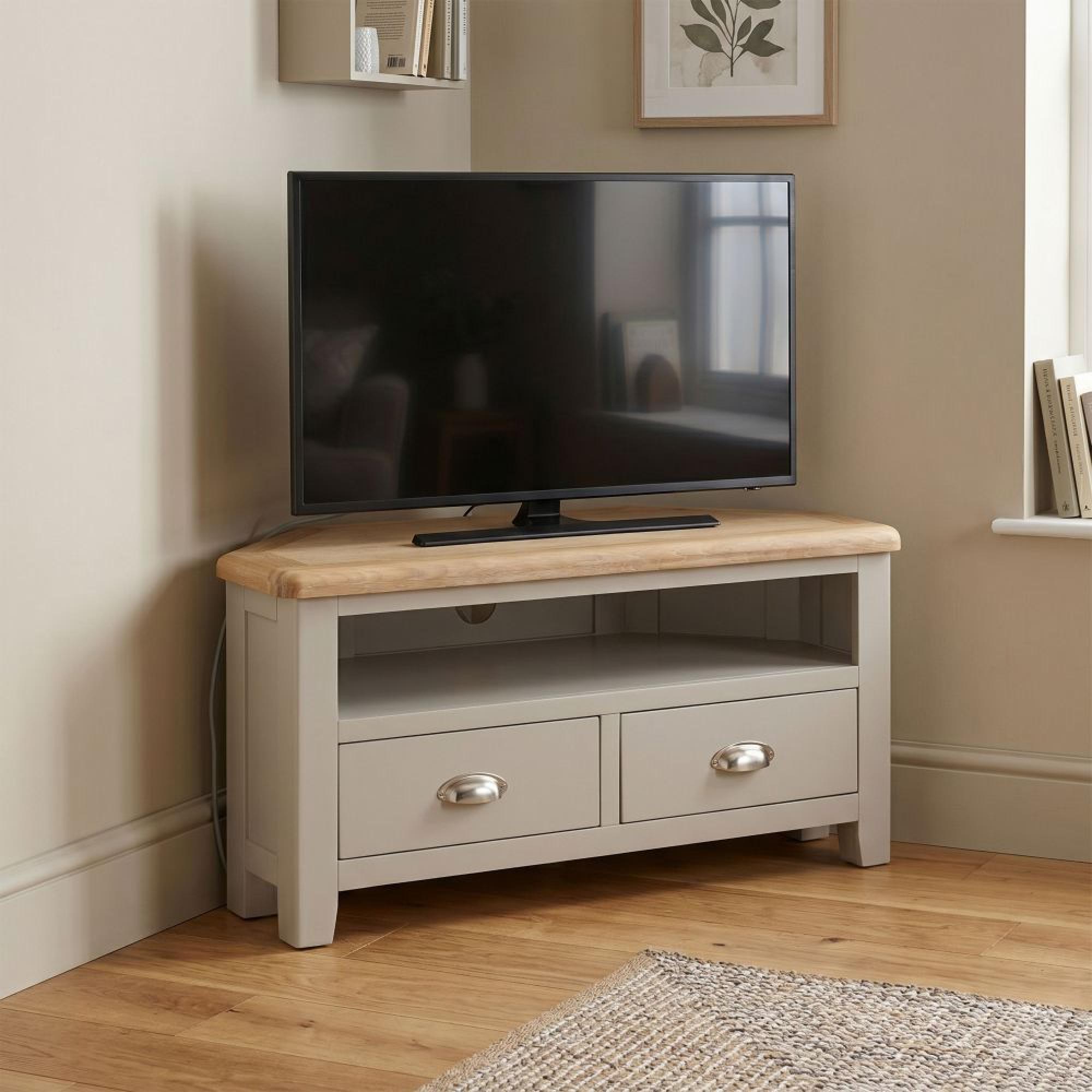 Windermere Painted Corner TV Unit - 2 Drawer - Oyster Grey