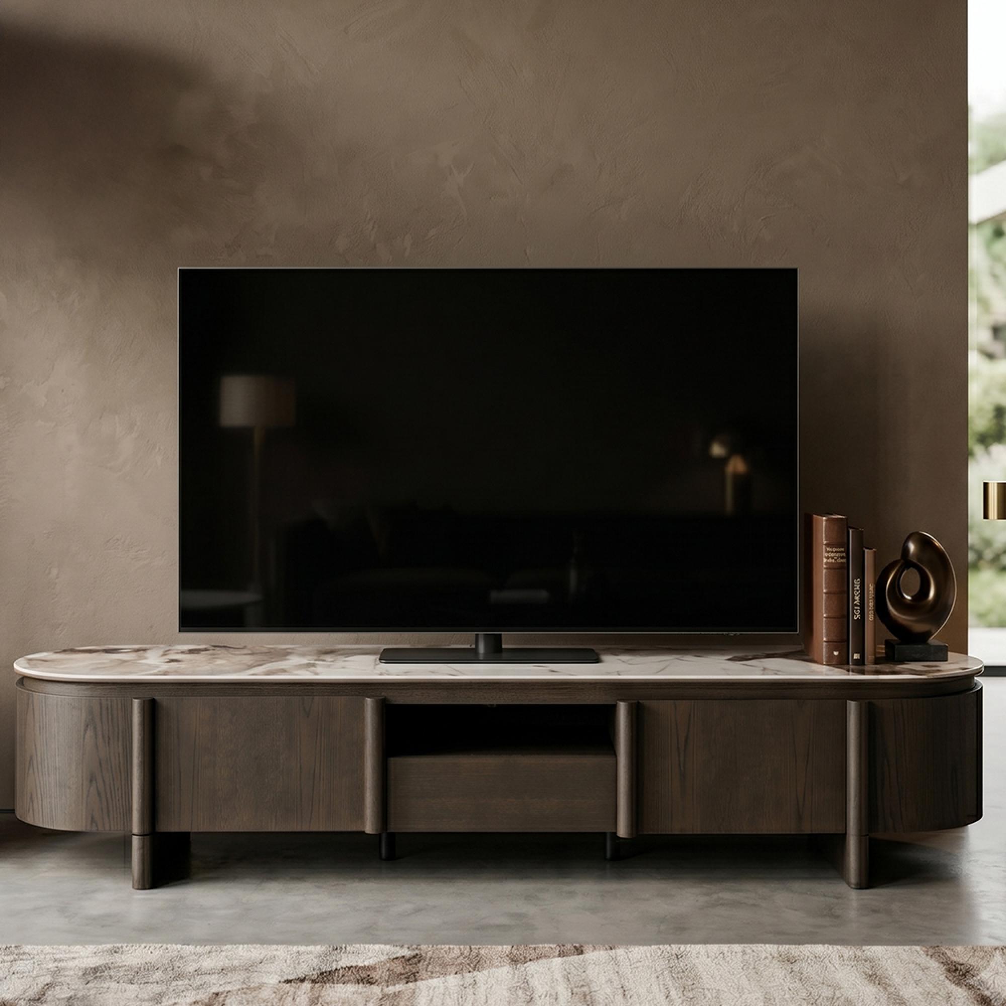 Langford Curved TV Cabinet - 2 Door - 220cm - Large - Brown - Ceramic and Oak