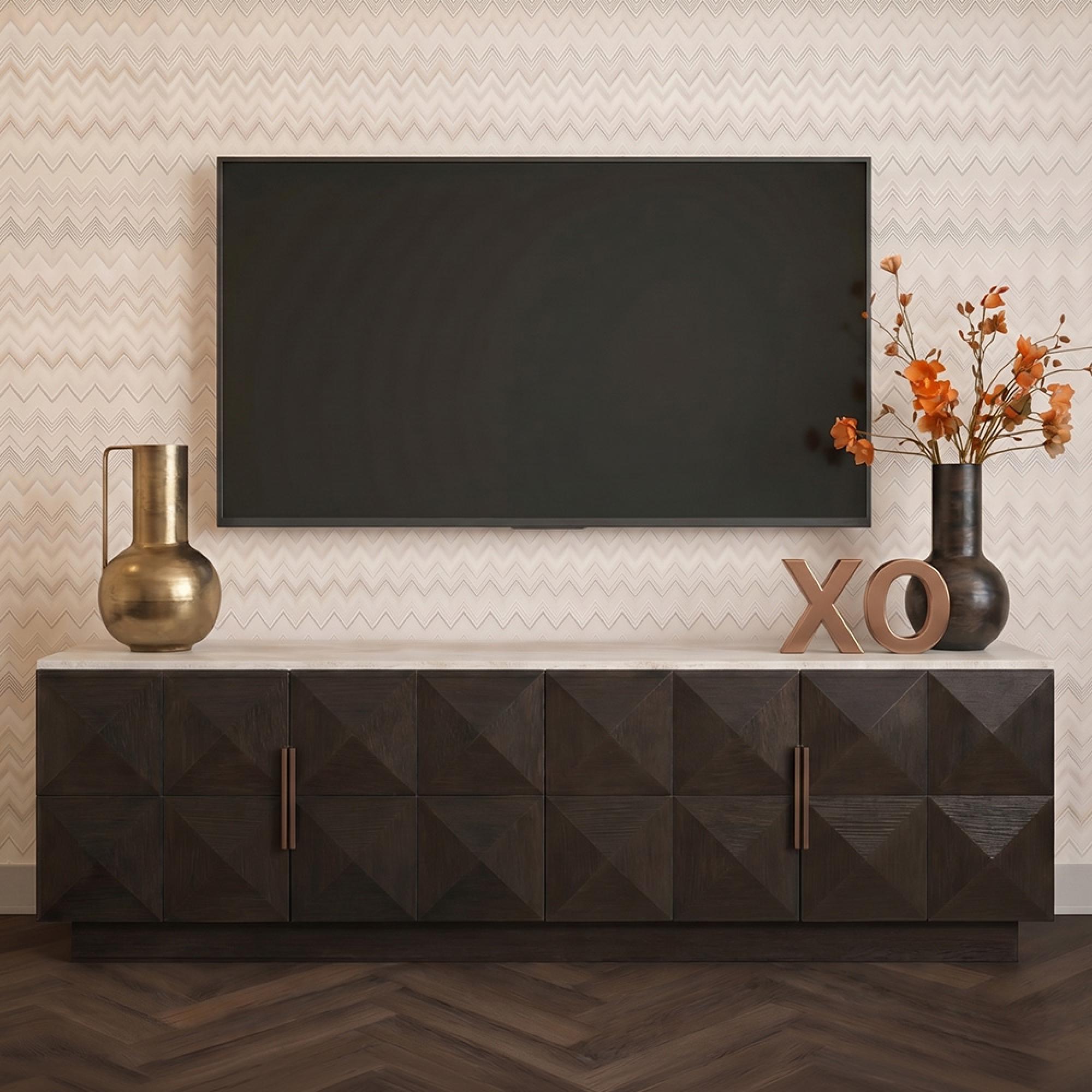 Claremont Dark Wood Extra Large Geometric TV Unit with Travertine Top