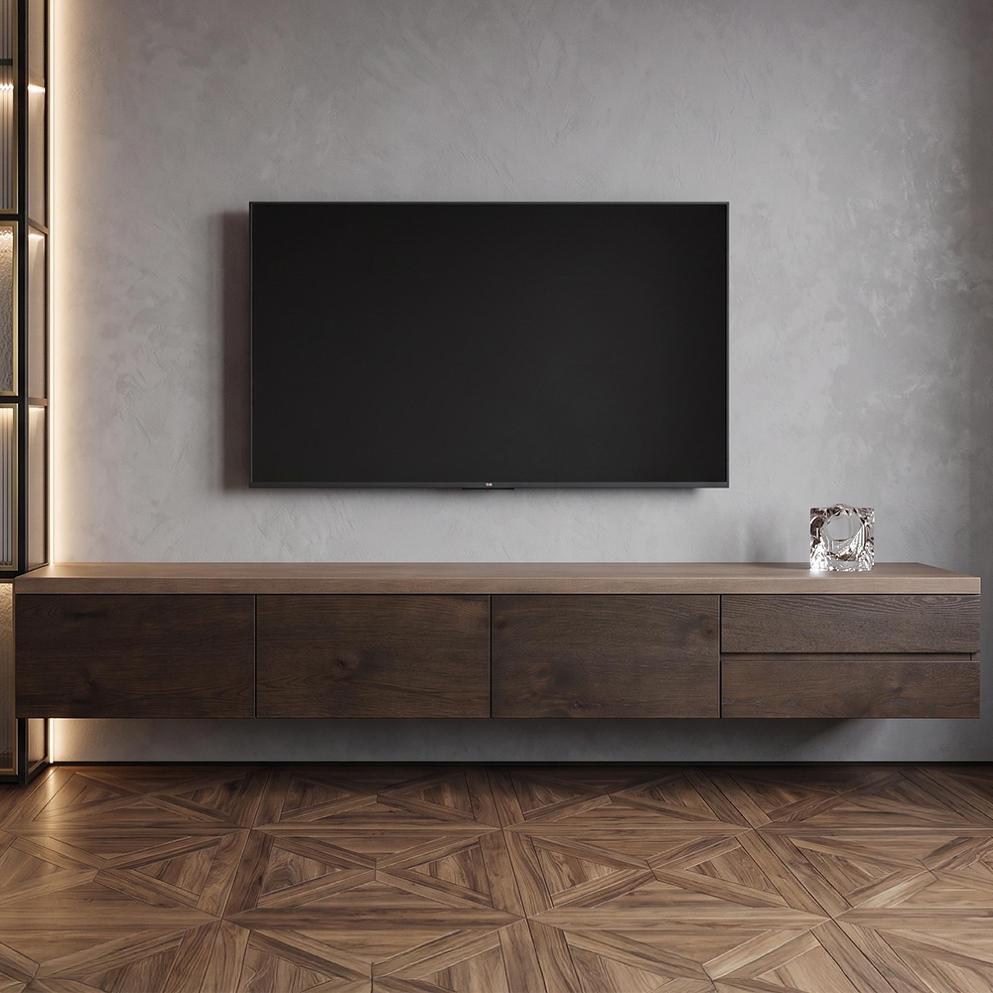 Lachance Floating TV Cabinet - 3 Door - 220cm - Large - Wall Mounted - Brown - Oak