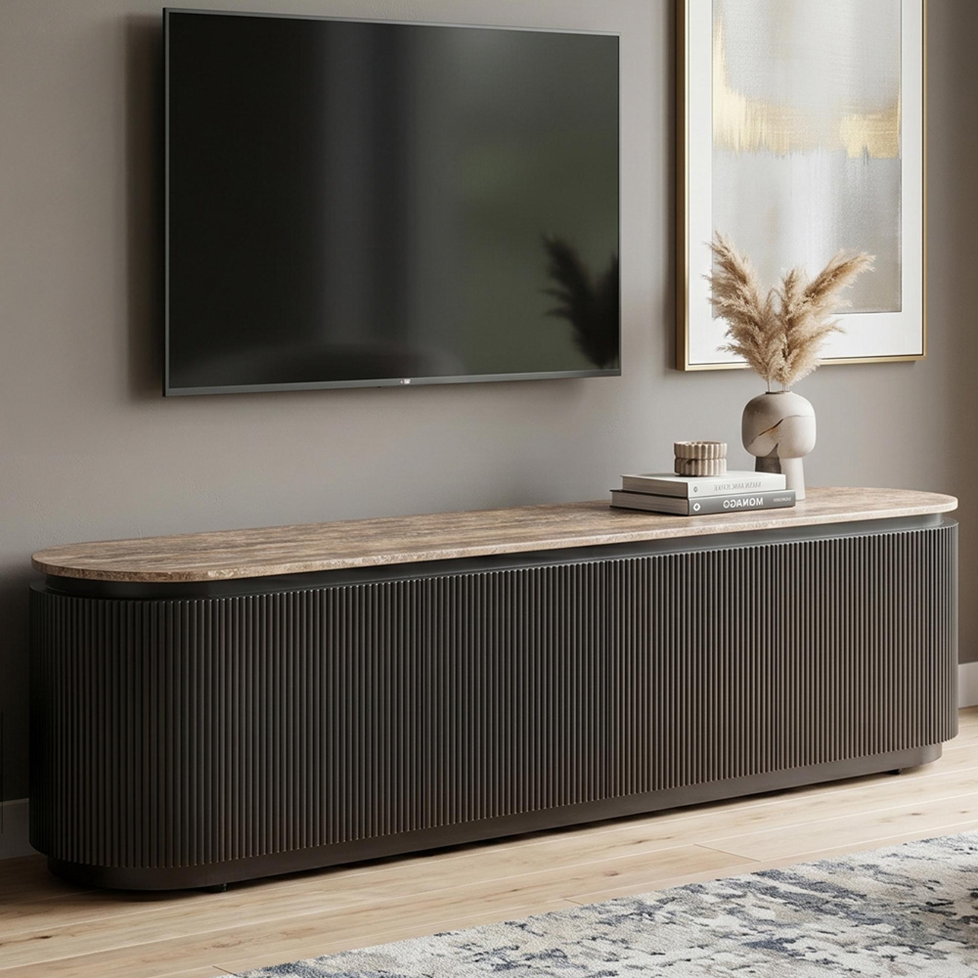 Russo Curved Fluted TV Cabinet - 4 Door - 200cm - Large - Ash Brown - Travertine Top