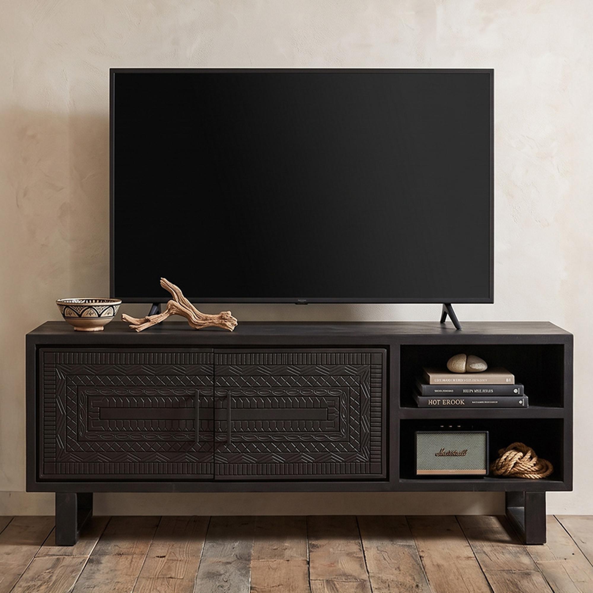 Dalston Carved TV Unit - 2 Door - 160cm - Medium - Black - Teak Wood