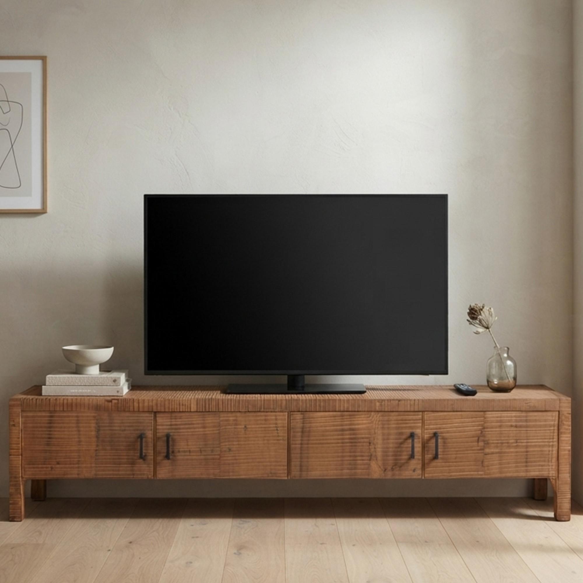 Lisboa Low TV Unit - 4 Door - 240cm - Extra Large - Rustic - Natural - Teak Wood
