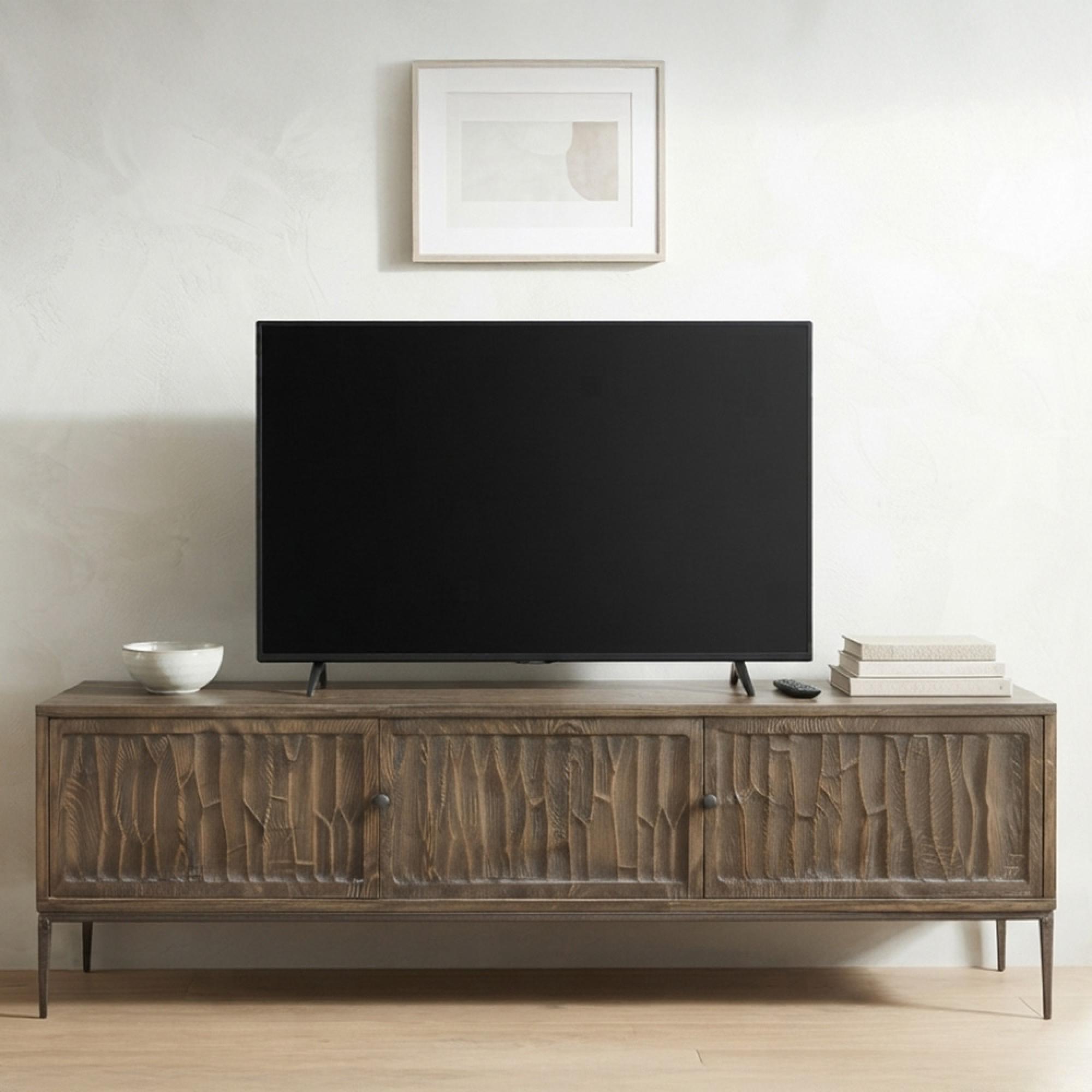 Tacca Carved TV Unit - 3 Door - 180cm - Medium - Brown - Distressed Wood and Metal