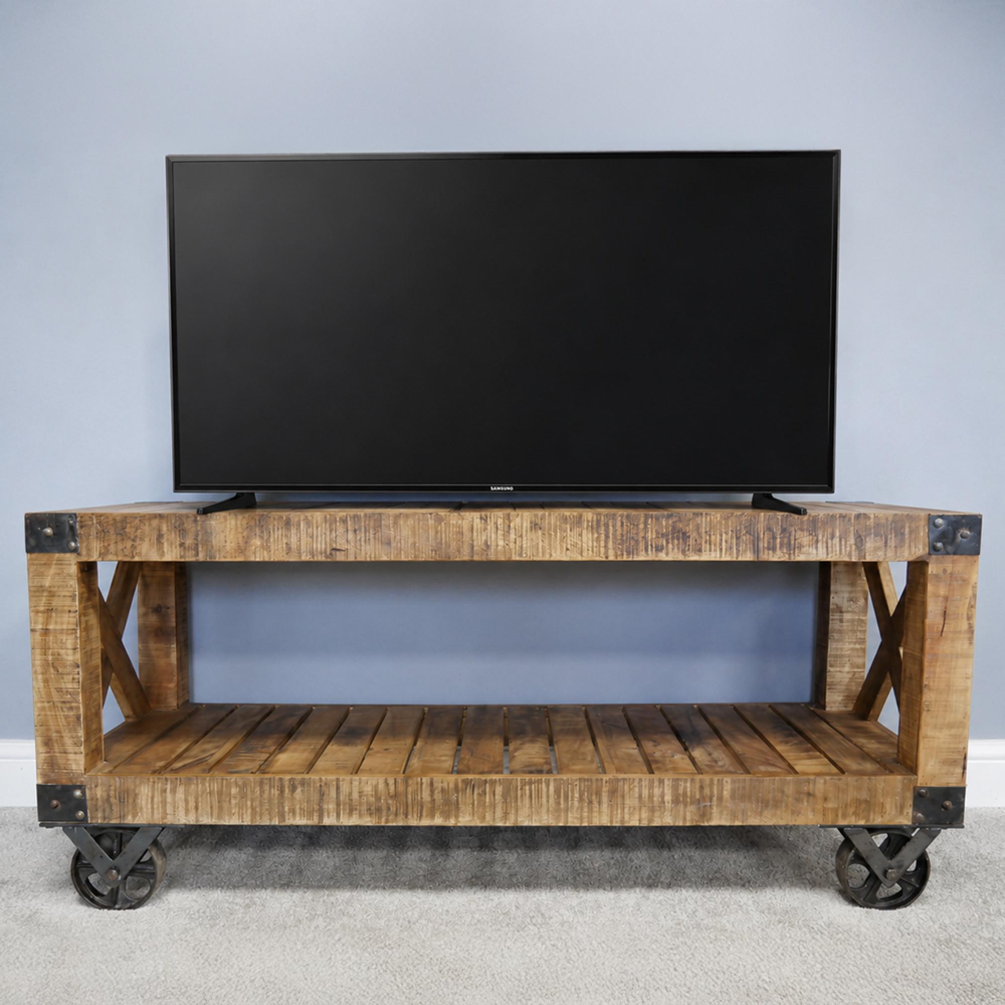 Industrial TV Cabinet - 120cm - Small - Rustic - on Wheels - Mango Wood and Metal