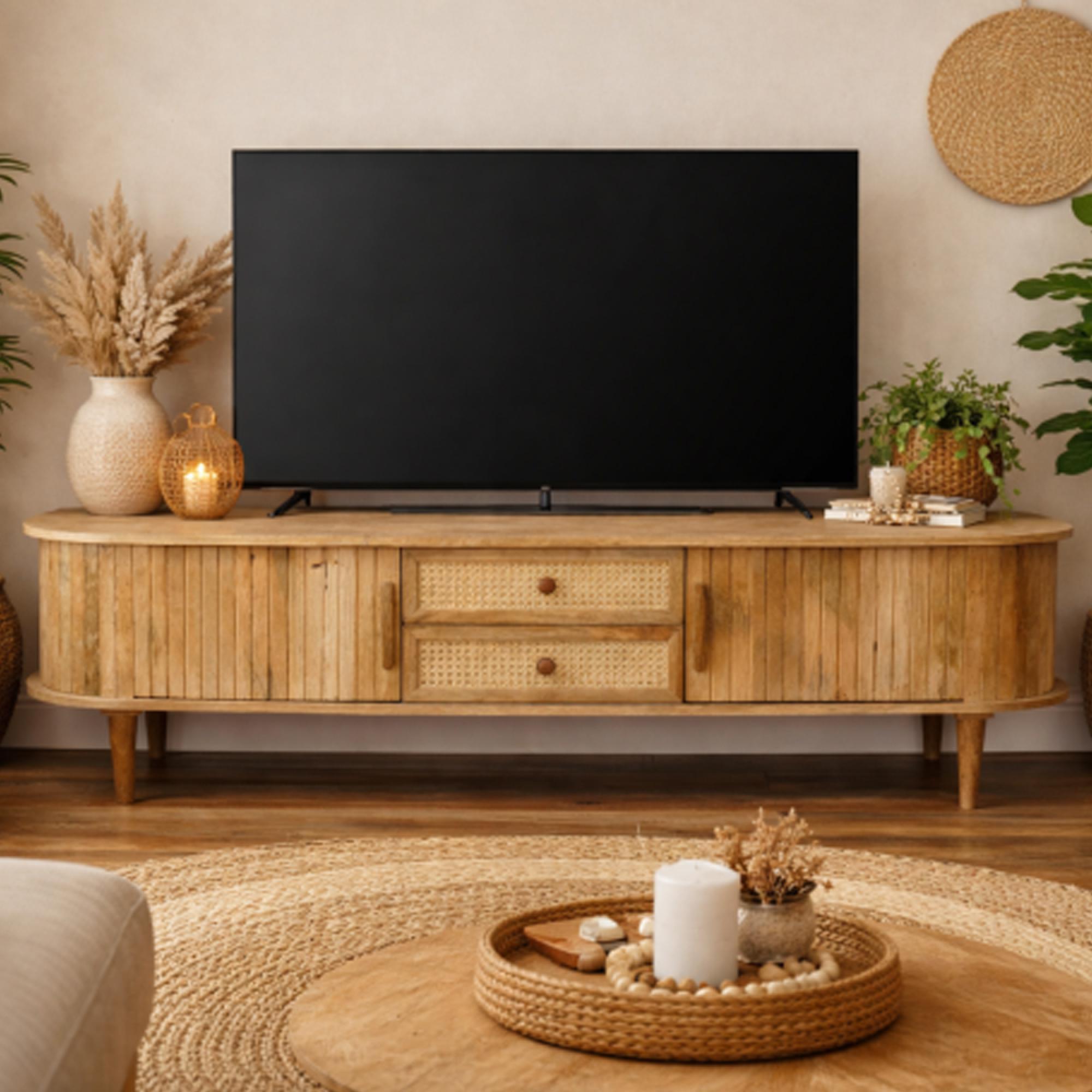 Curved Fluted TV Cabinet - 2 Door - 180cm - Medium - Mango Wood