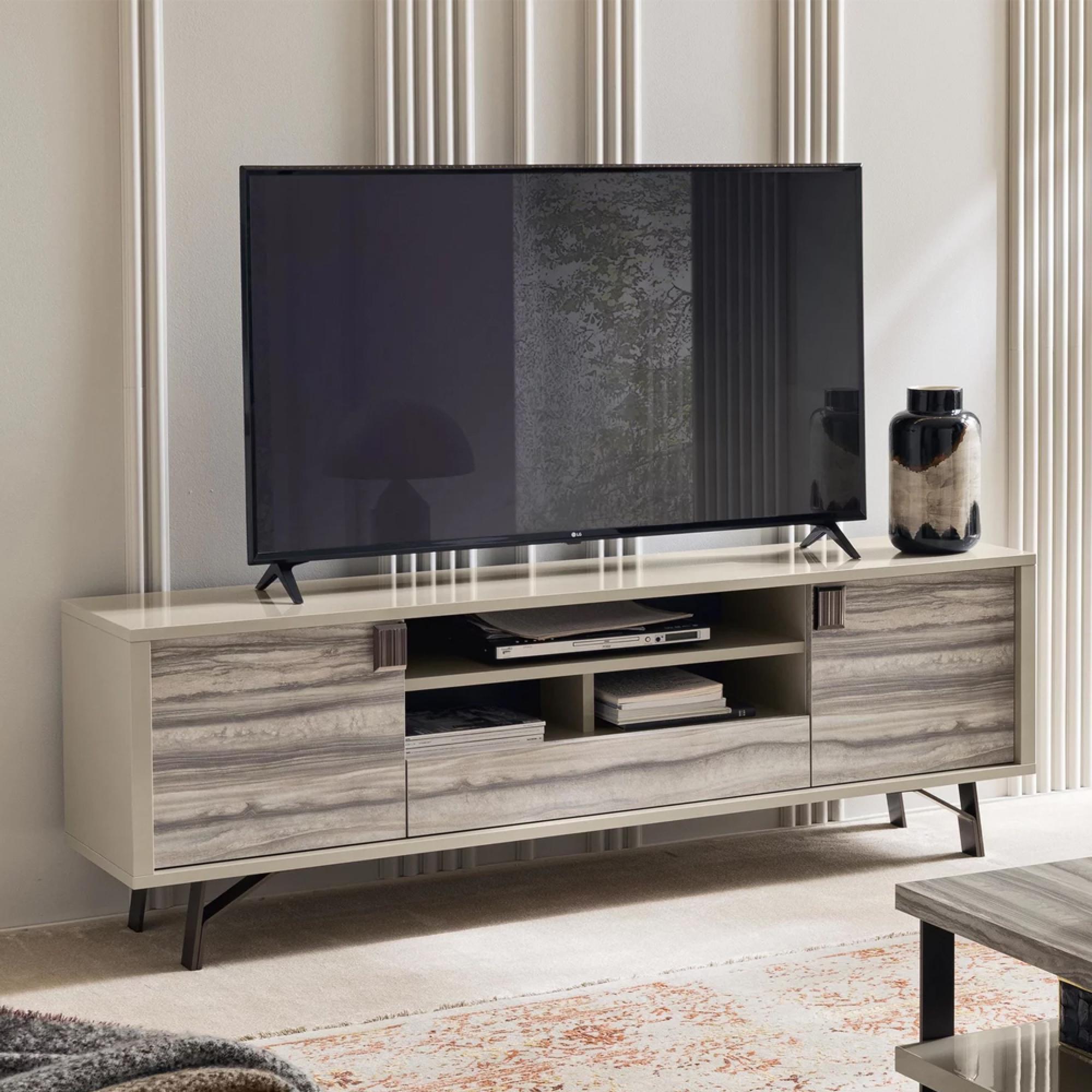 Jupiter TV Unit - 2 Door 1 Drawer - Large - Eco Stone and High Gloss Pearl Line