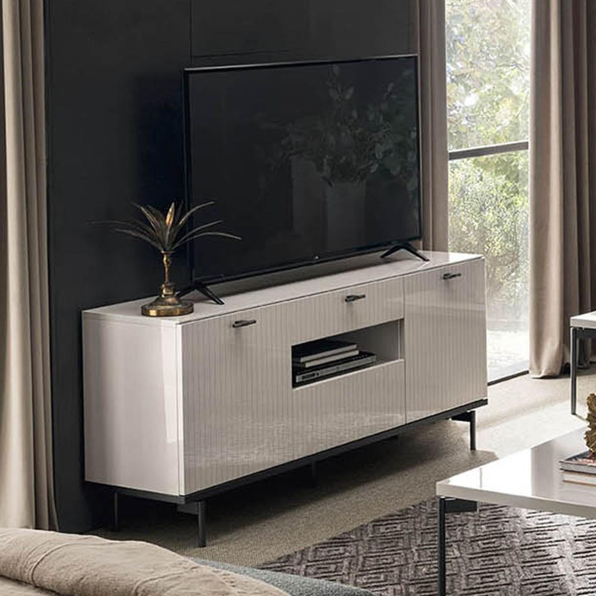 Claire TV Unit - 3 Door 1 Drawer - Large - Pearl Line Eco Veneer High Gloss and Black