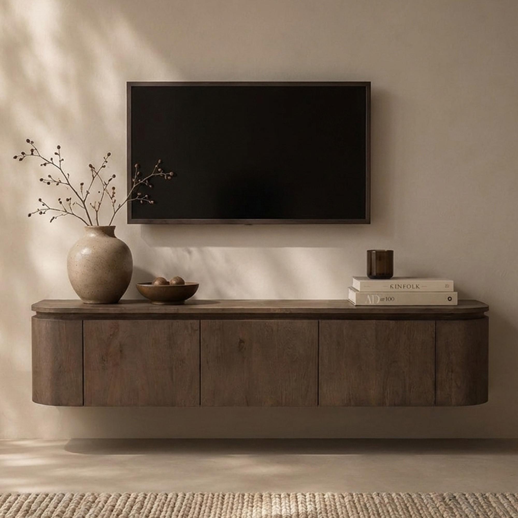 Elvano Curved Floating TV Unit - 3 Door - 140cm - Medium - Wall Mounted - Malta - Mango Wood