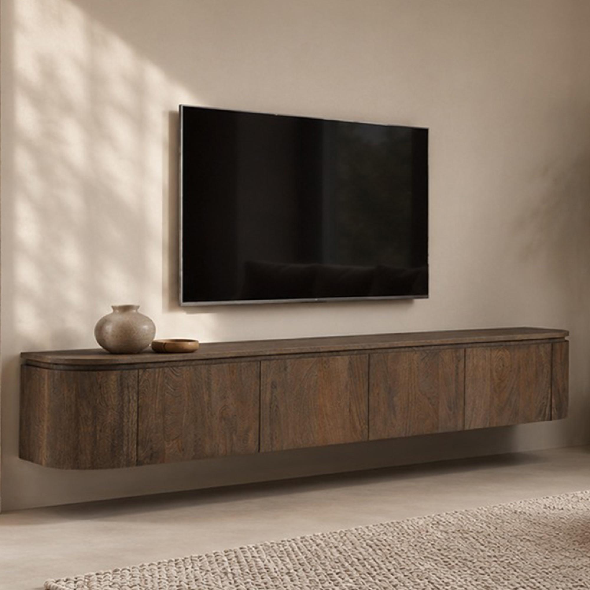 Elvano Curved Floating TV Unit - 4 Door - 180cm - Medium - Wall Mounted - Malta - Mango Wood