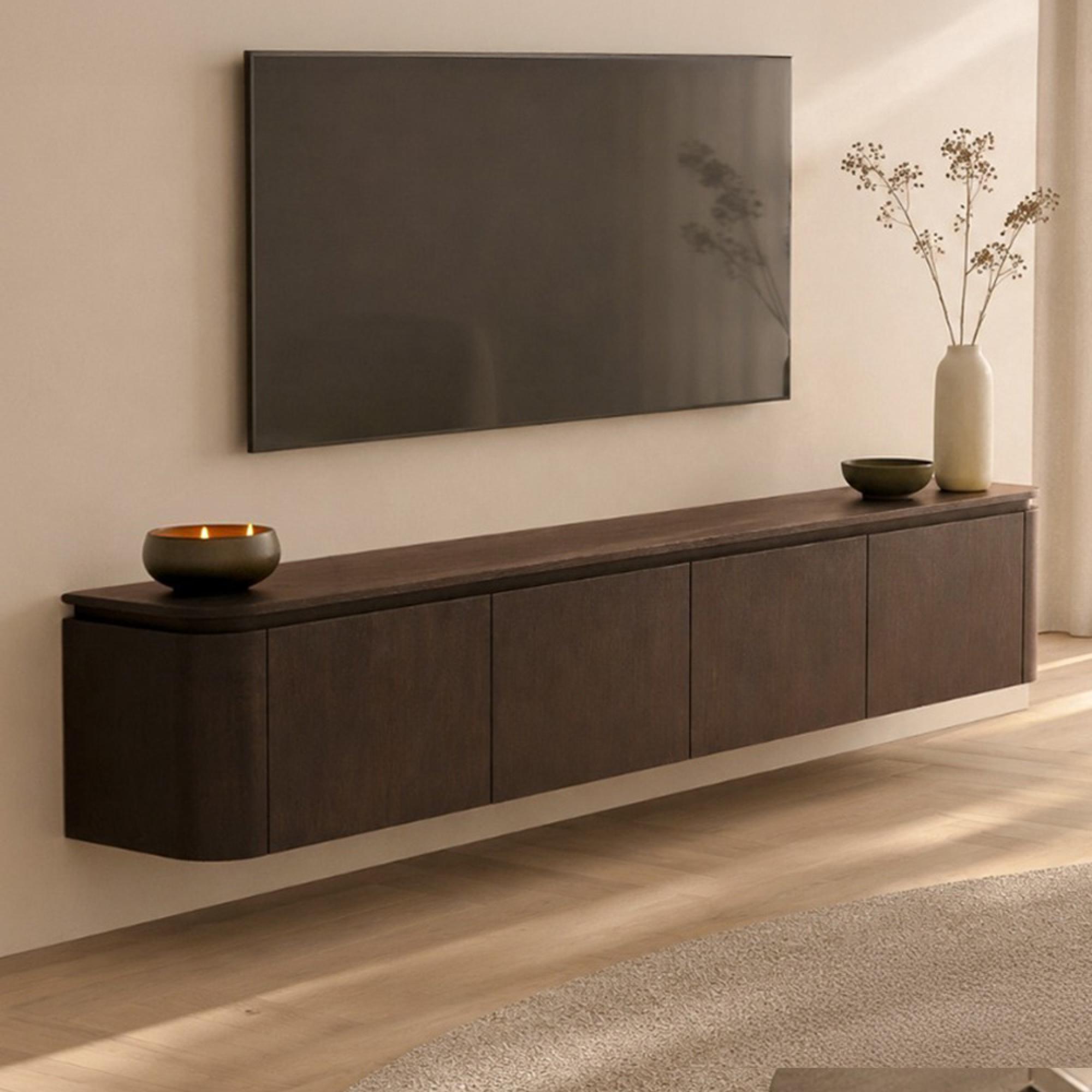 Rivano Oak Curved Floating TV Unit - 4 Door - 210cm - Large - Wall Mounted - Basalt