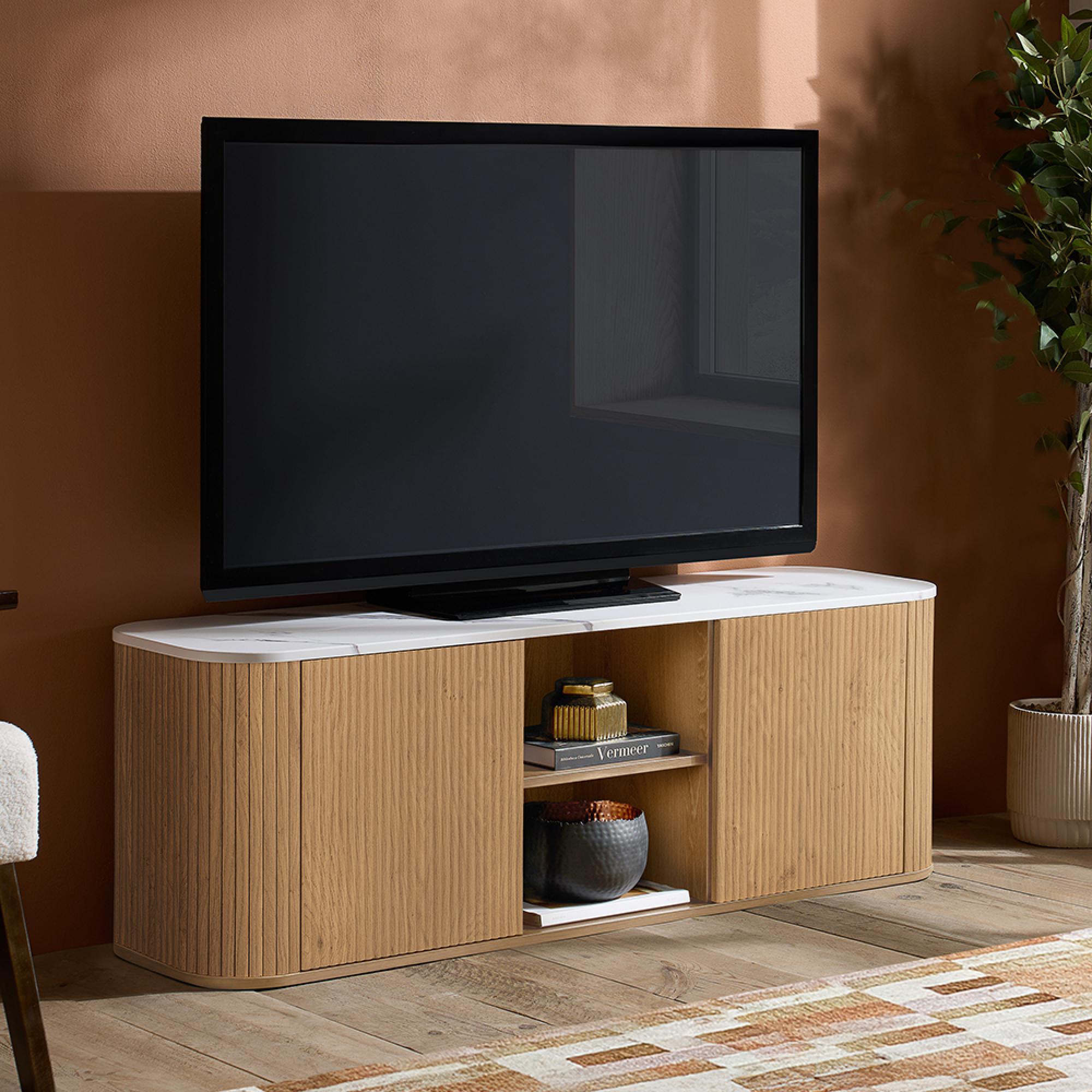 Russo Curved TV Cabinet - Fluted Base - 2 Door - 140cm - Medium - White and Natural - Marble Top and Wooden