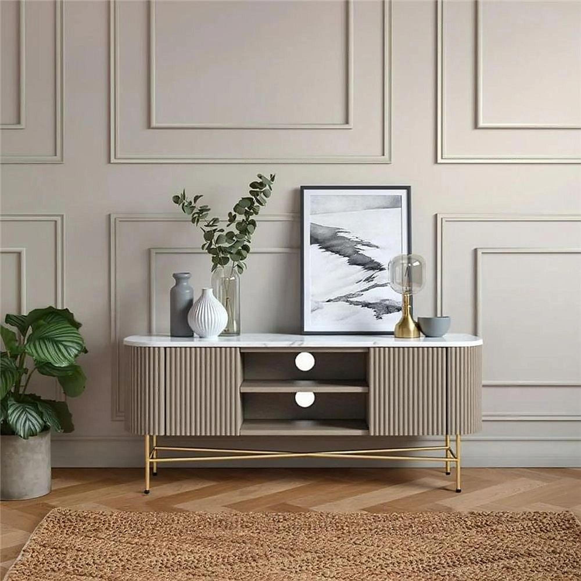 Clearance - Isabella Grey TV Unit - 150cm Curved Storage Fluted - White Marble Top - FSS17481