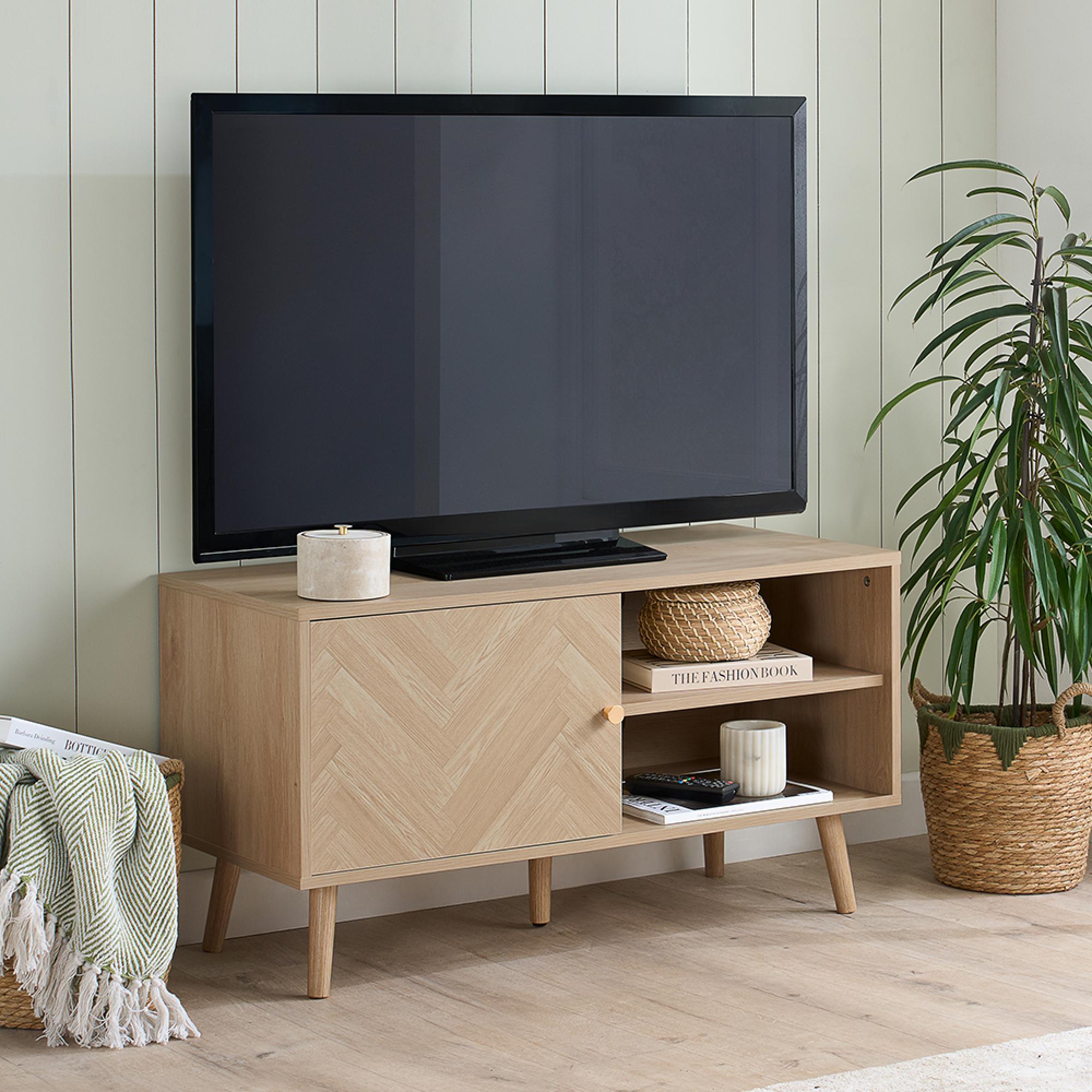Herringford Oak TV Unit - 1 Door - 100cm - Chevron - Compact