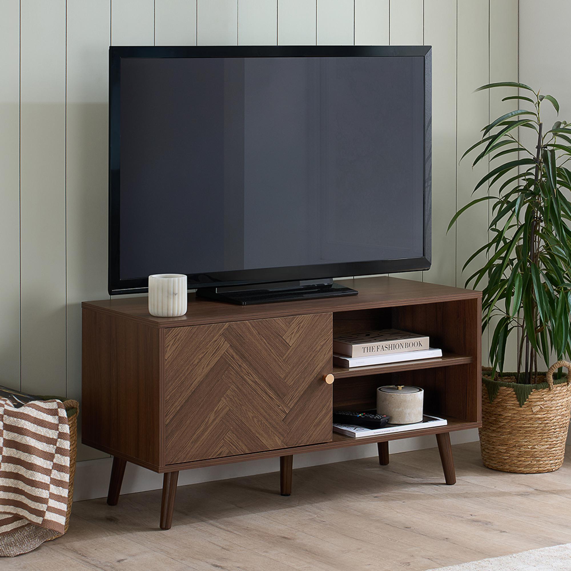 Herringford TV Unit - 1 Door - 100cm - Chevron - Compact - Walnut