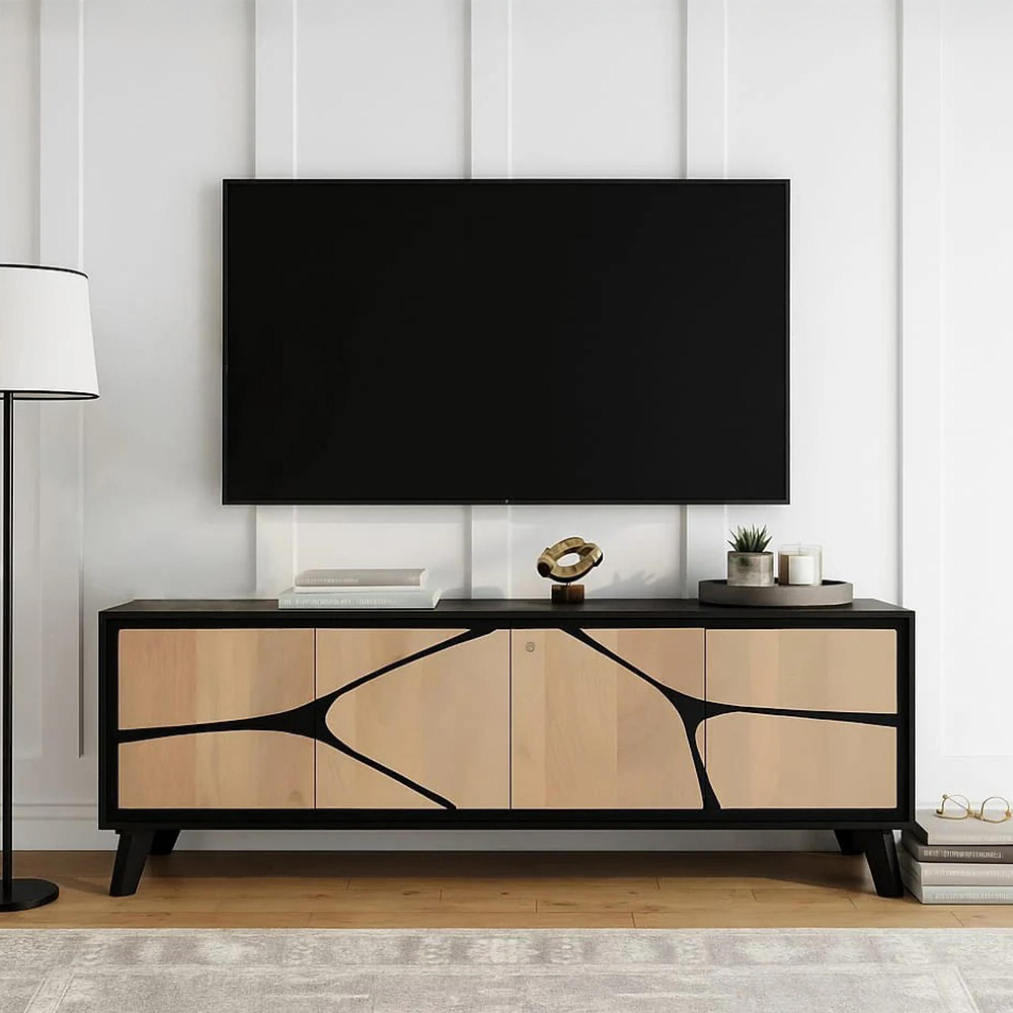 Boho TV Cabinet - 4 Door - 170cm - Large - Geometric Design - Natural and Black - Mango Wood