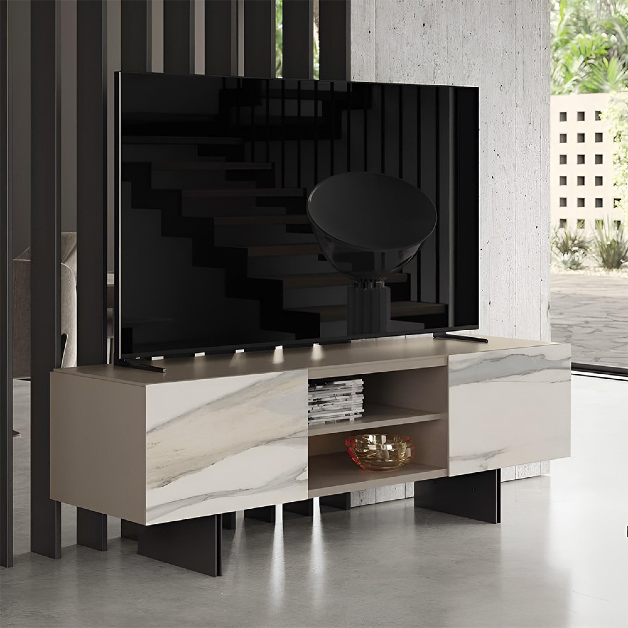 Zenith Italian TV Unit - 2 Door - Urban Velvet and Calacatta Gold - Ceramic Top