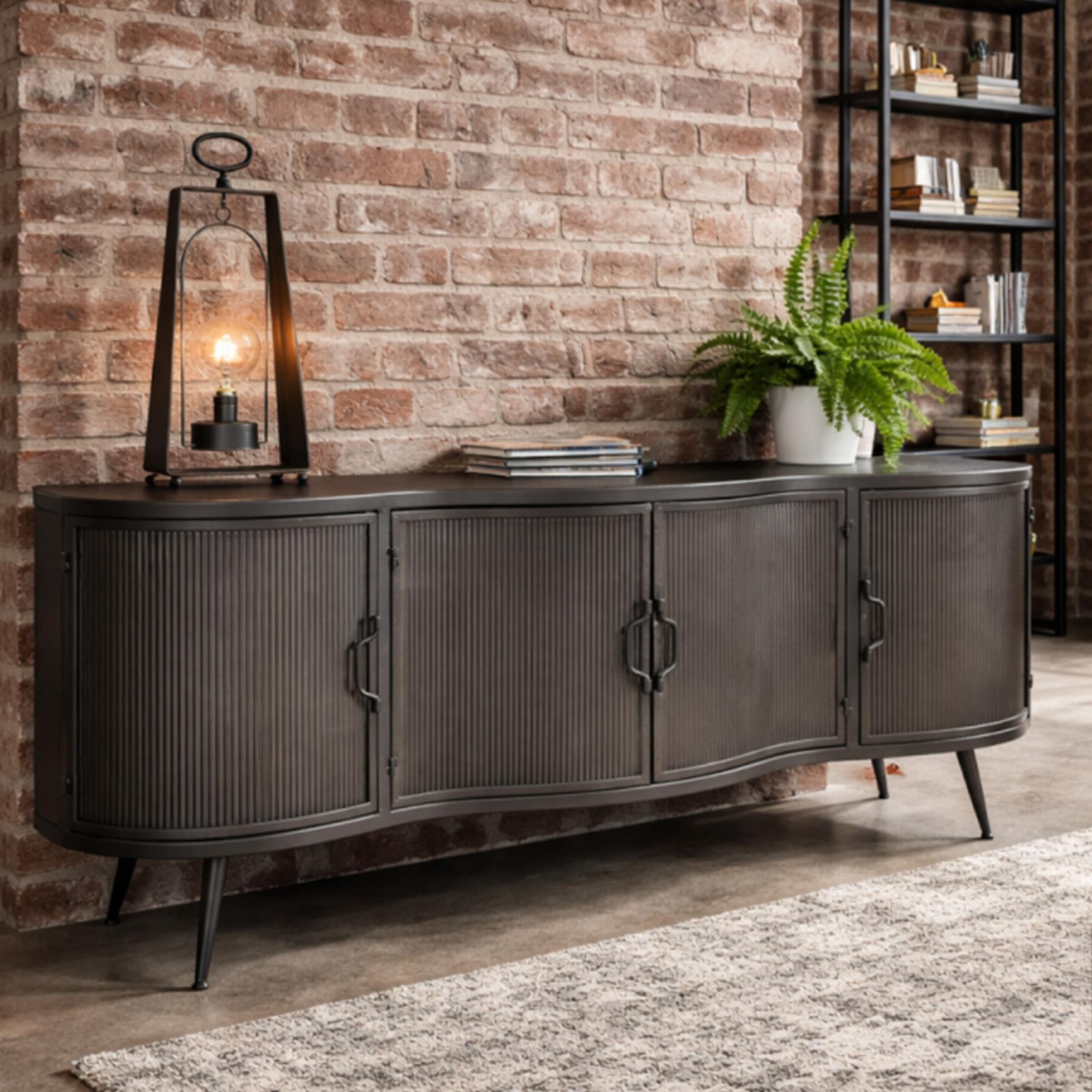 Industrial Curved Ribbed TV Cabinet - 4 Door - 150cm - Medium - Grey - Metal