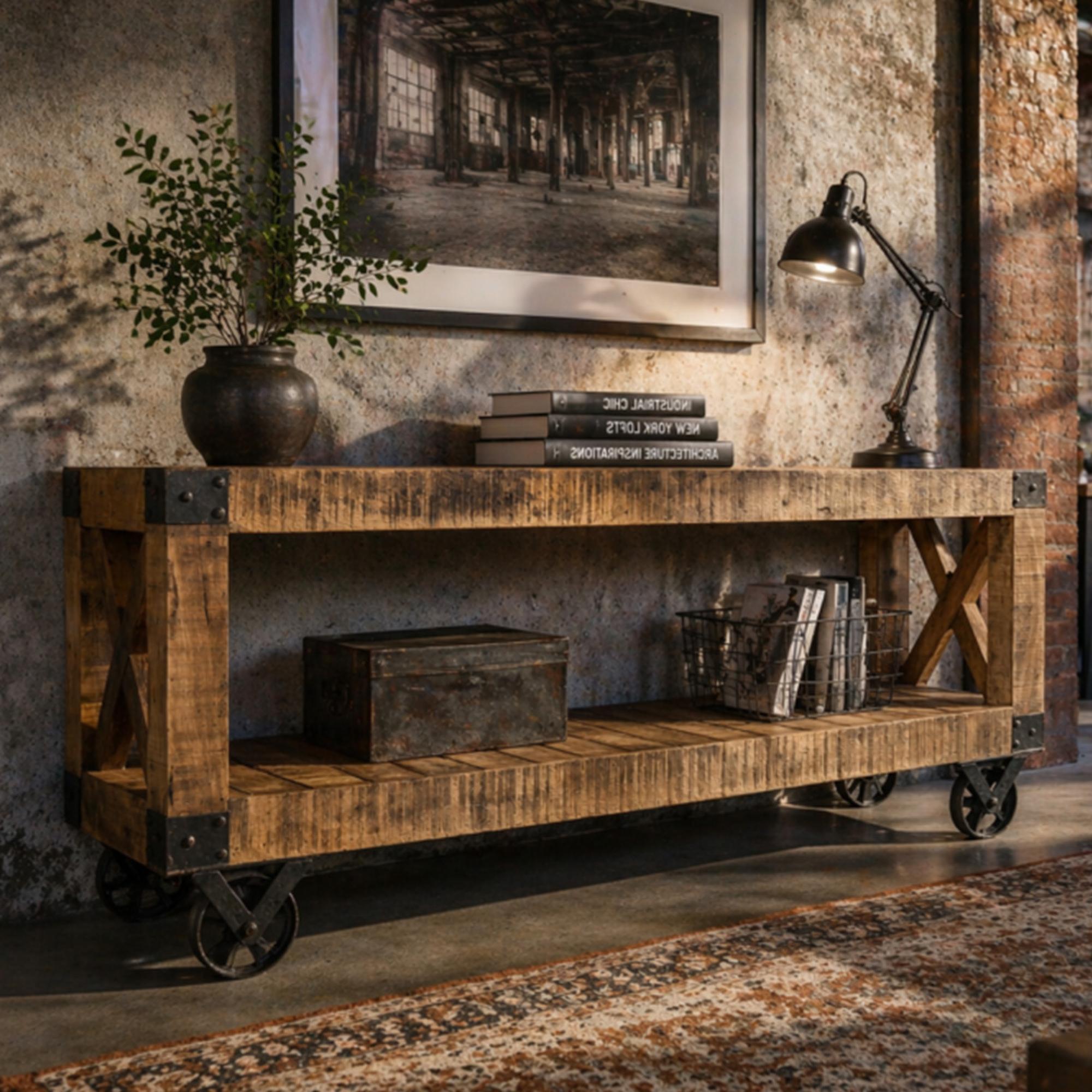 Industrial TV Cabinet - 120cm - Small - Rustic - on Wheels - Mango Wood and Metal