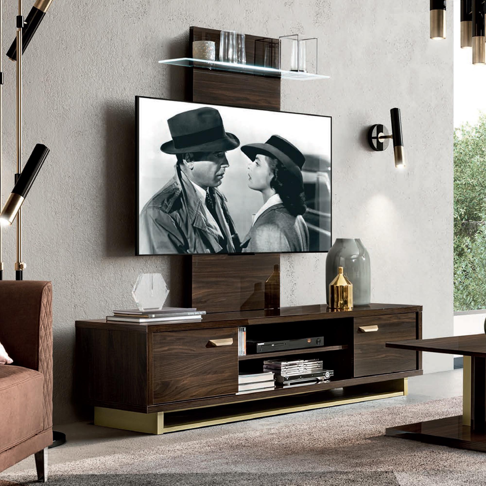 Volare Italian TV Unit - 2 Door - with Wall Panel - Walnut