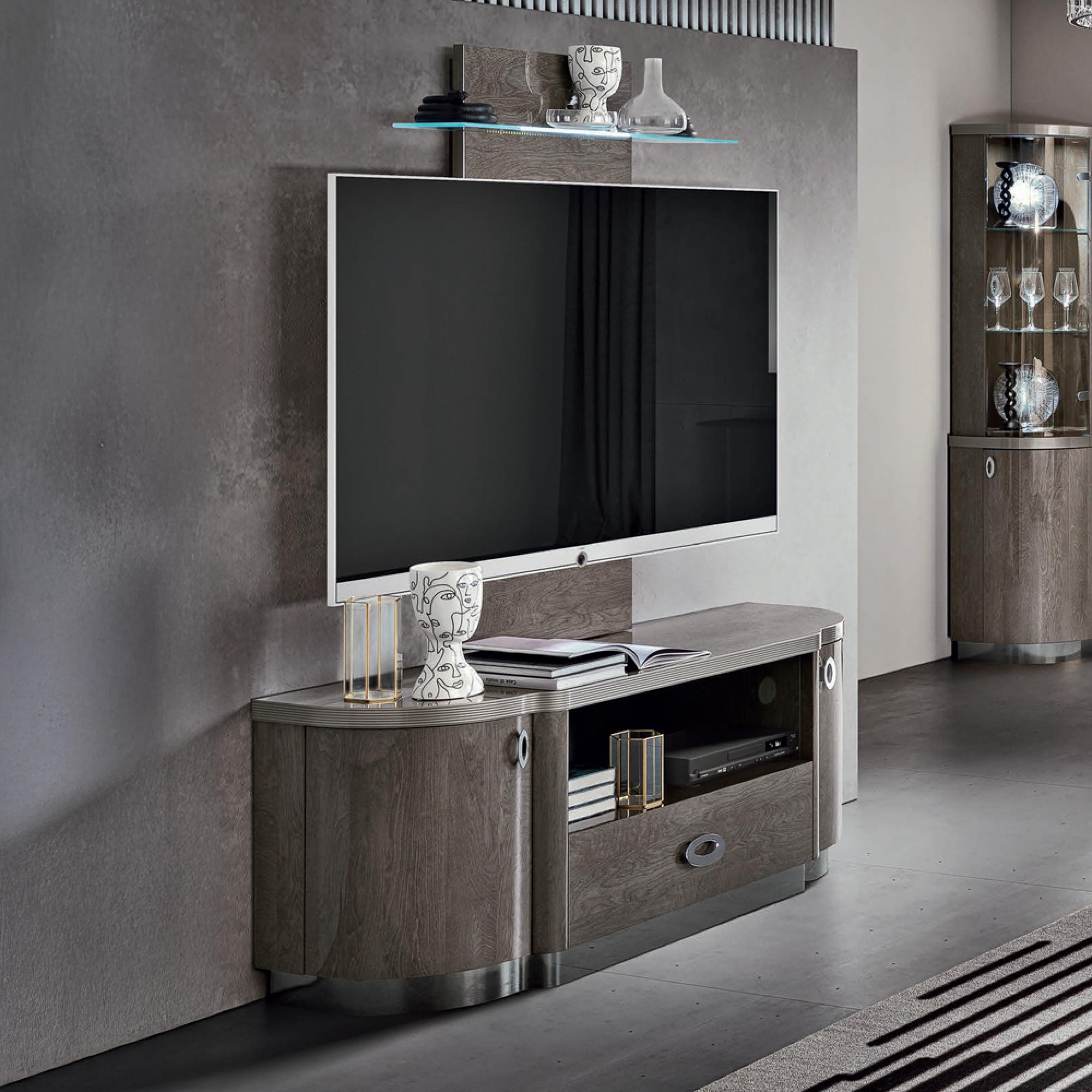 Armonia Italian Large TV Unit - 2 Door 1 Drawer - with LED Wall Panel - Silver Birch