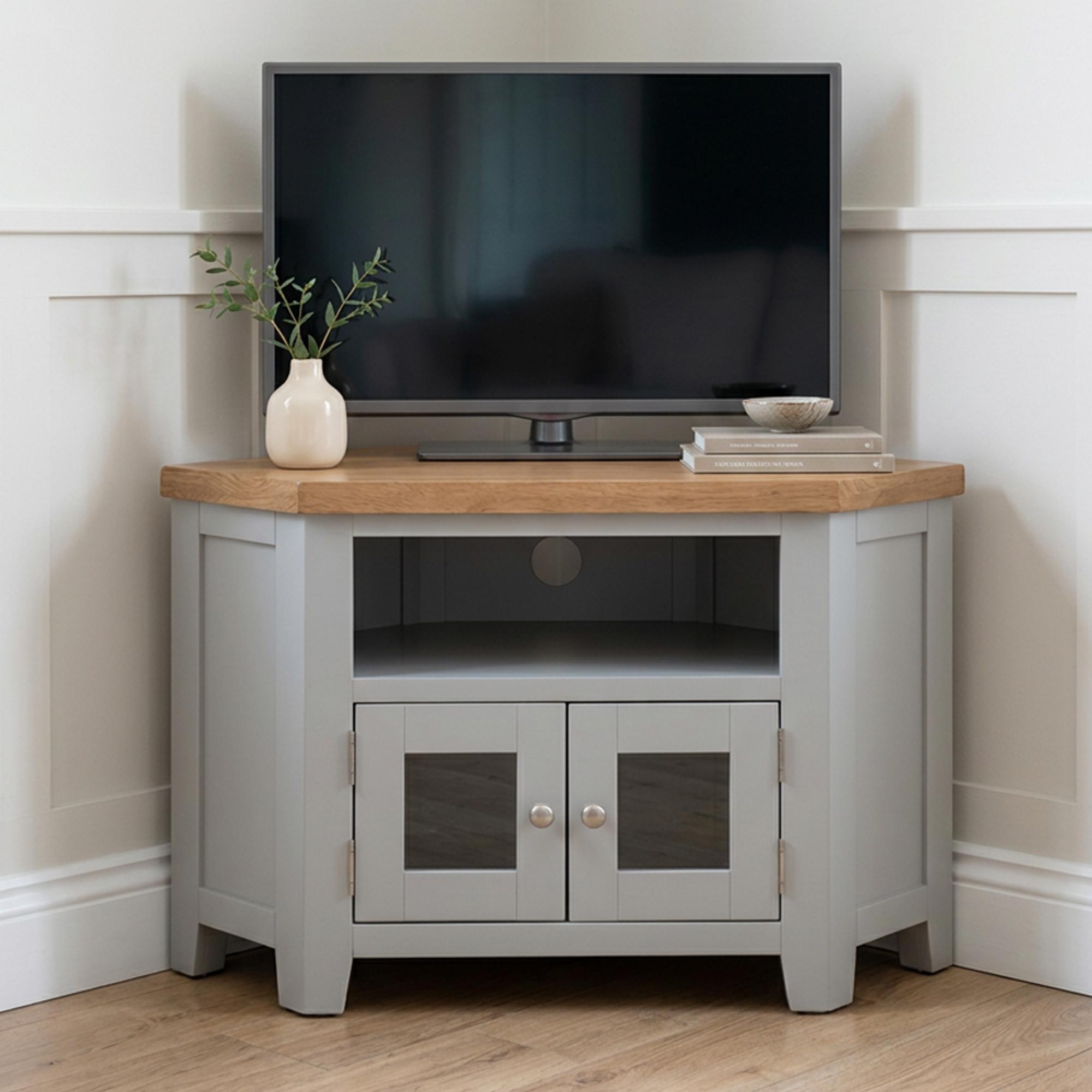 Melbourne French Grey Painted 105cm 2 Door Compact Corner Glazed TV Unit