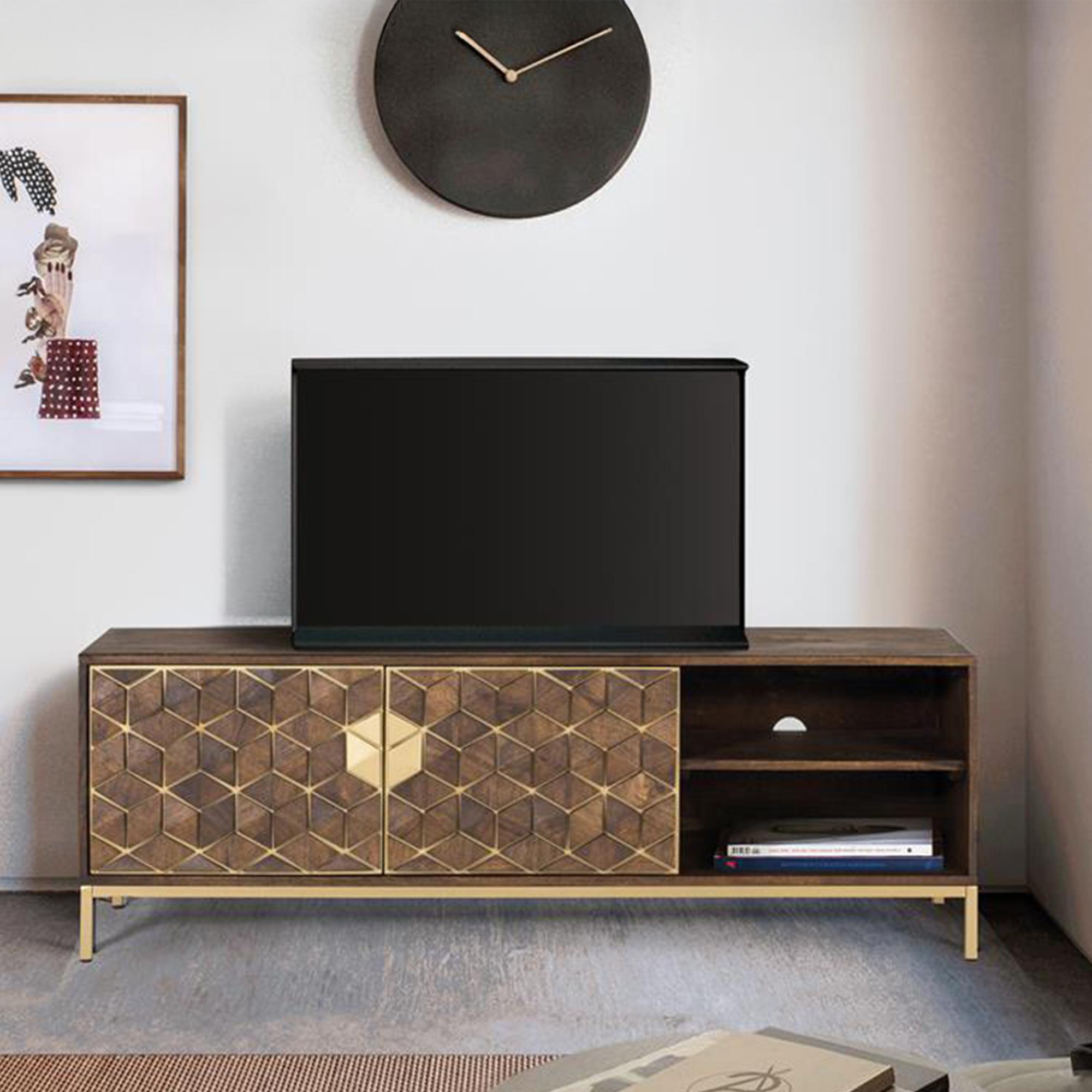Caltan TV Unit - 2 Door - Walnut Mango Wood and Gold - Geometric