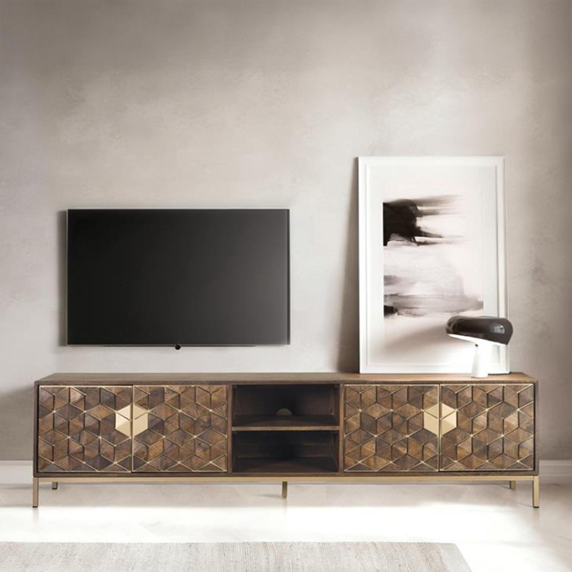 Caltan Large TV Unit - 4 Door - Walnut Mango Wood and Gold - Geometric