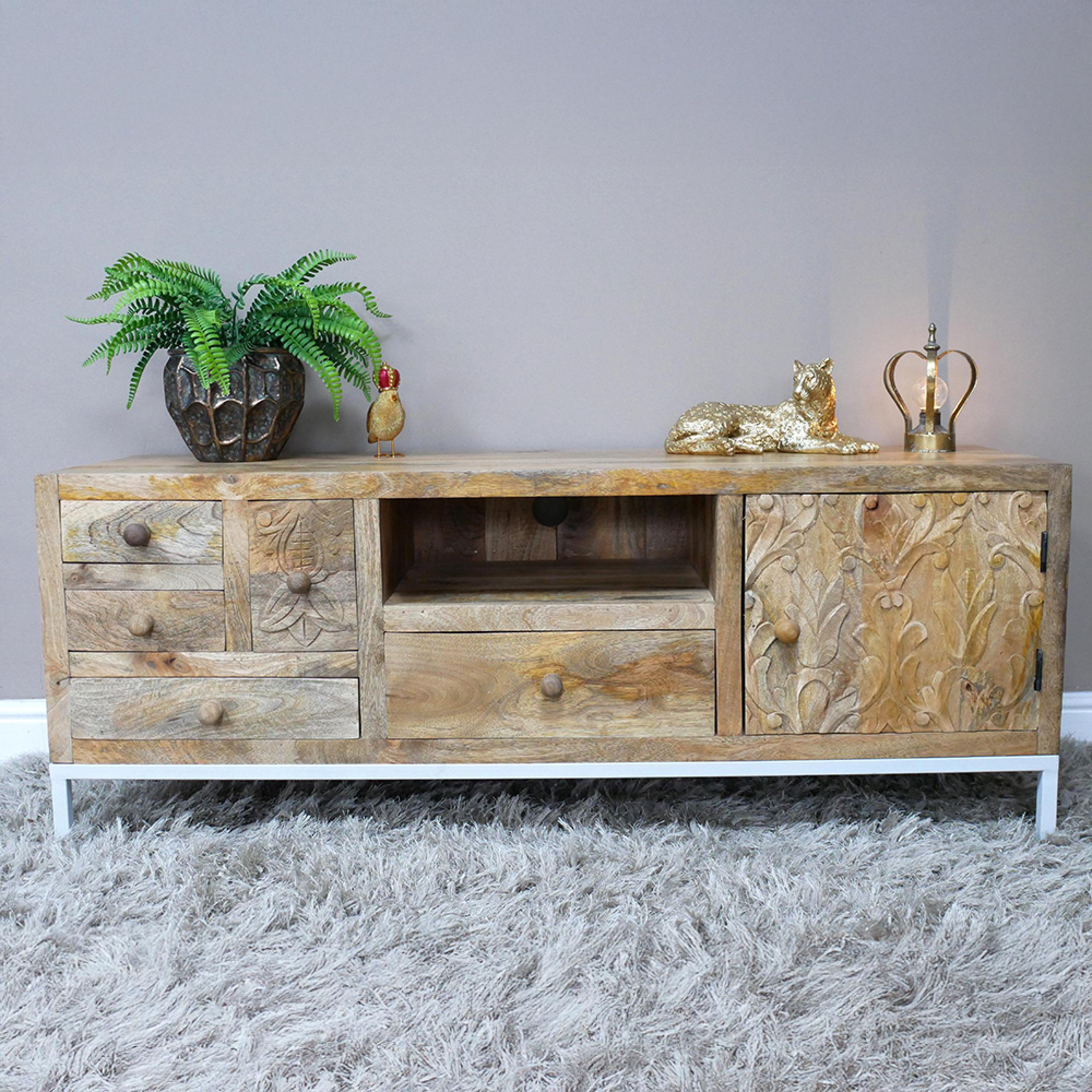 TV Unit - Carved Mango Wood - Storage