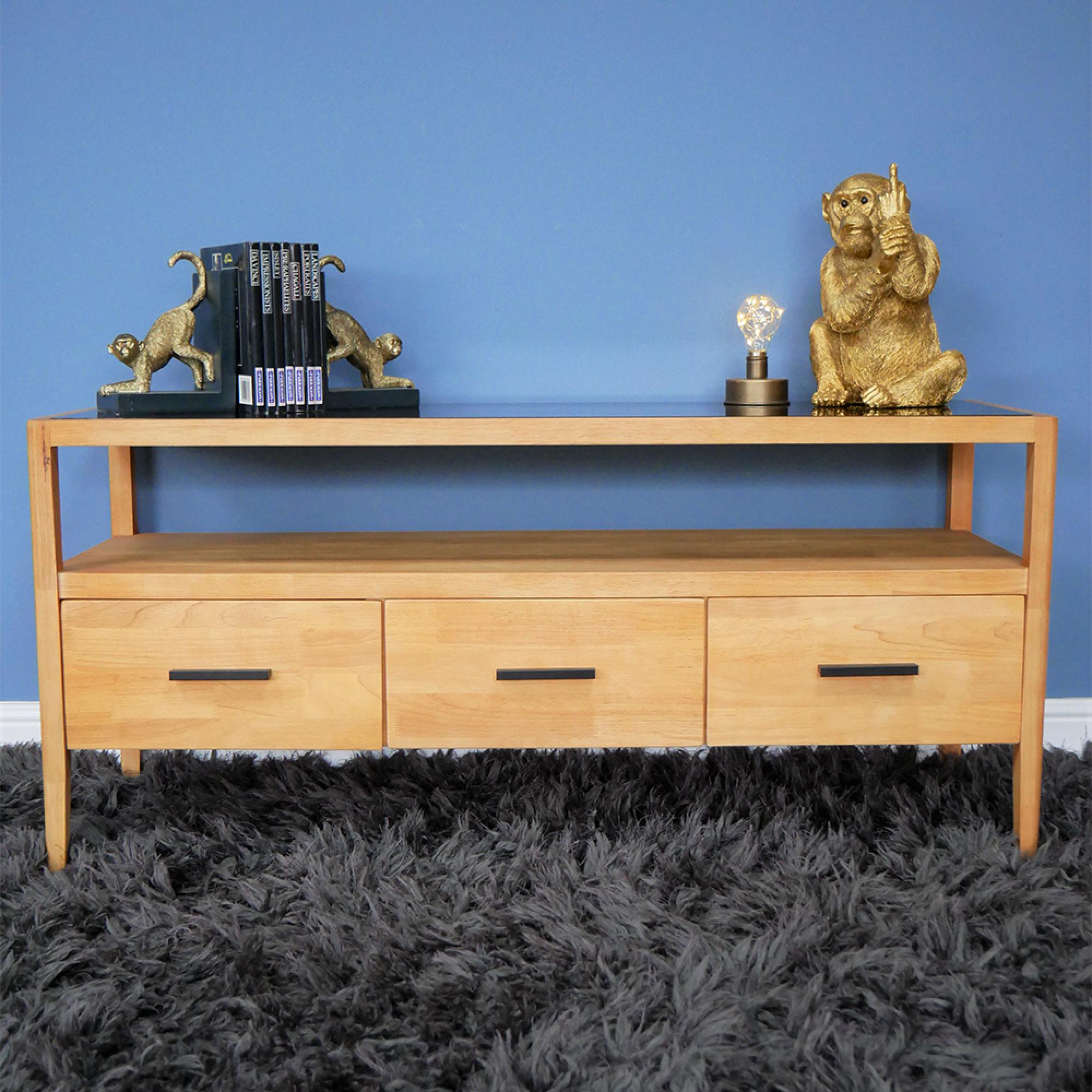 TV Unit - Wood and Black Glass - 3 Drawer
