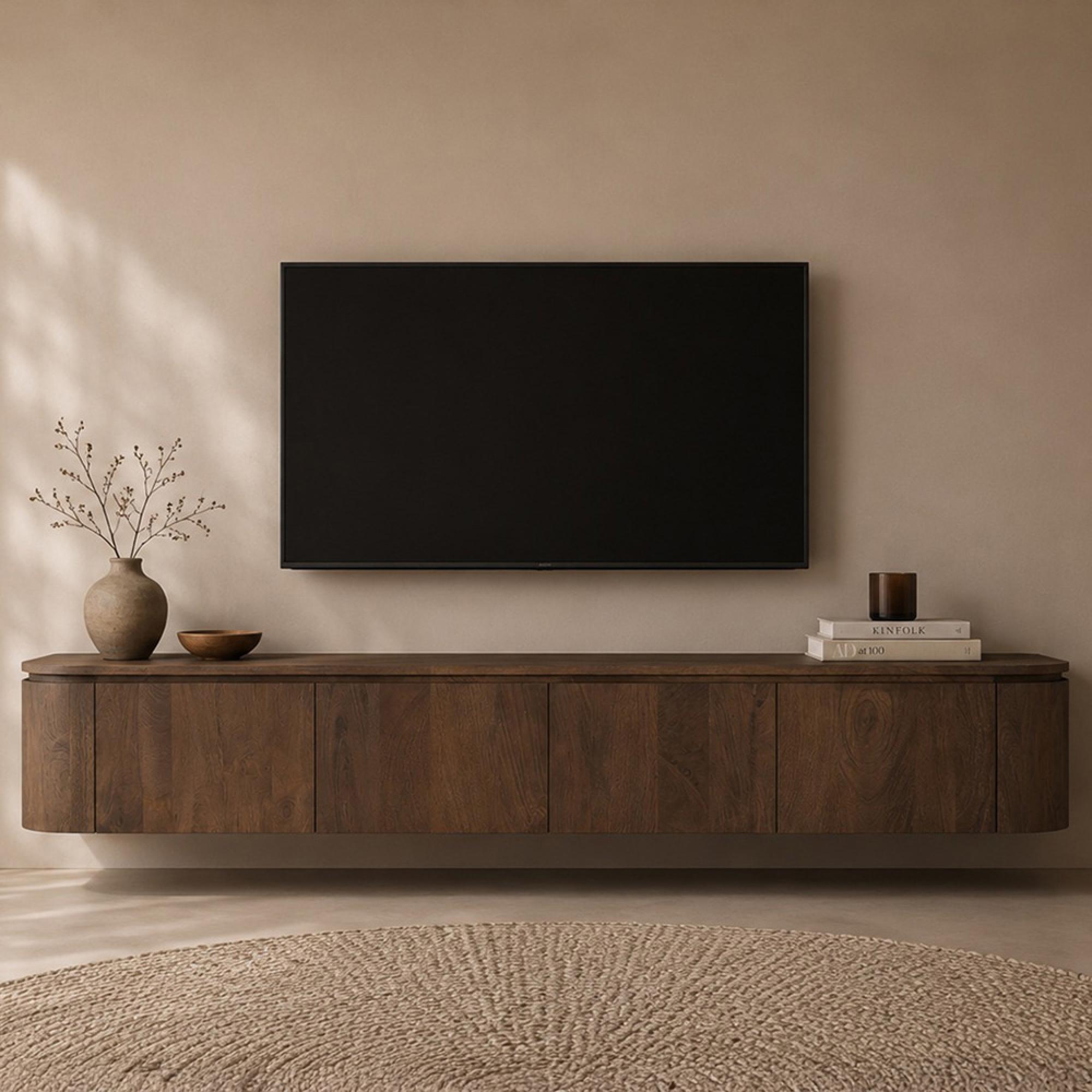 Elvano Curved Floating TV Unit - 4 Door - 220cm - Large - Wall Mounted - Malta - Mango Wood