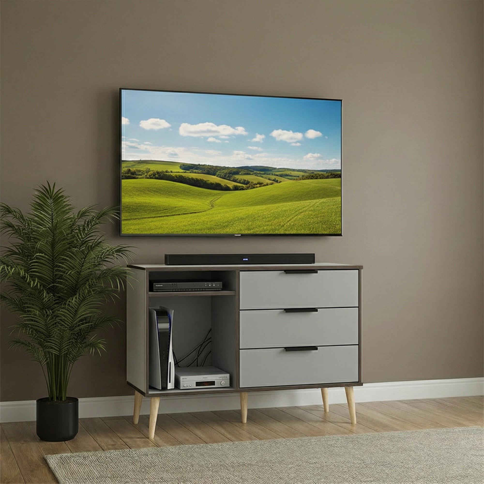Hong Kong TV Unit - 95cm - with Wooden Legs - Grey and White
