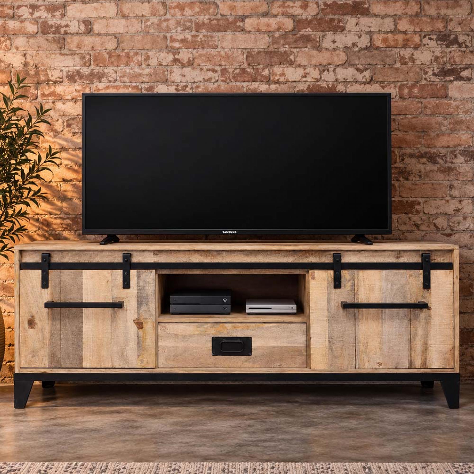 Industrial TV Cabinet - 2 Sliding Door - 160cm - Medium - Mango Wood and Metal