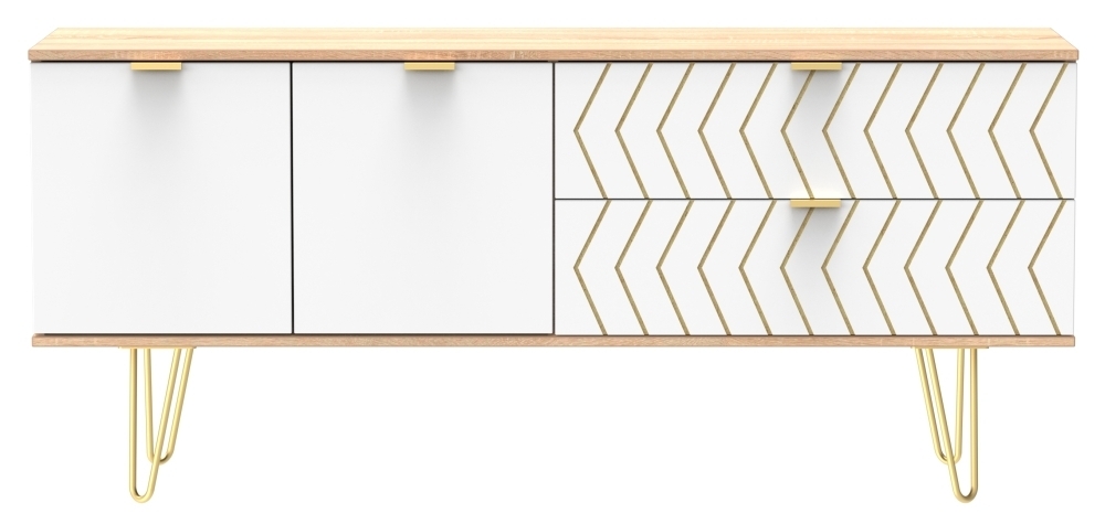 Jigsaw TV Unit - 145cm - with Gold Hairpin Legs - White and Oak