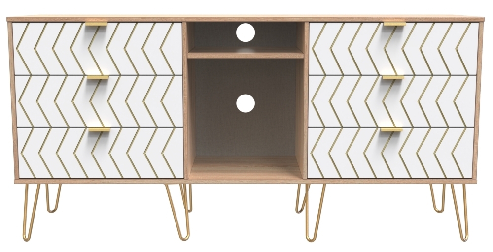 Jigsaw TV Unit - 150cm - with Gold Hairpin Legs - White and Oak
