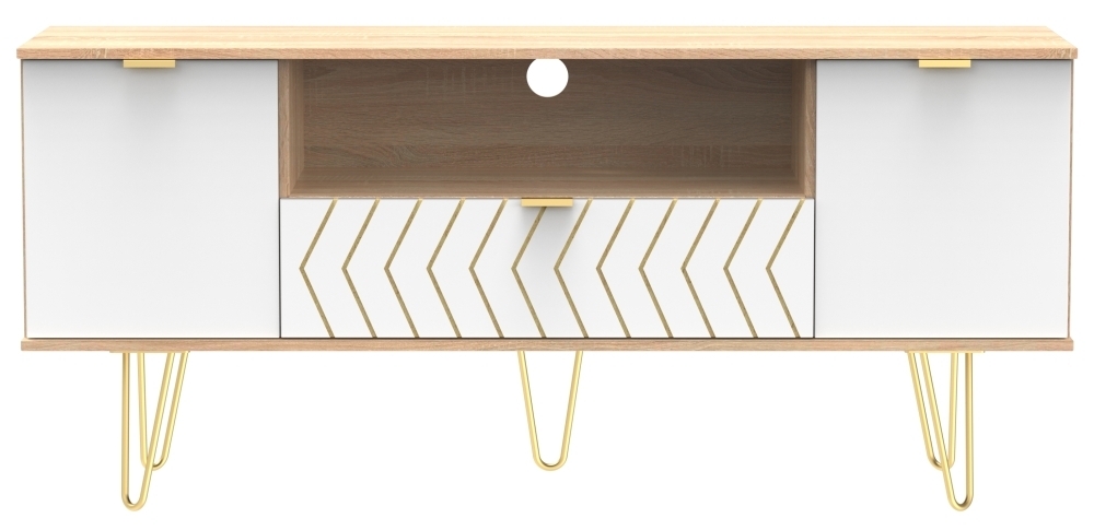 Jigsaw TV Unit - 65cm - with Gold Hairpin Legs - White and Oak