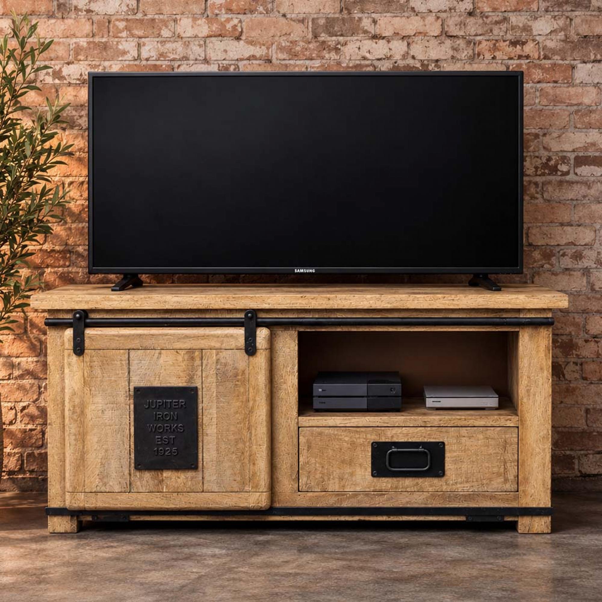 Jupiter Industrial TV Cabinet - 1 Sliding Door - 1 Drawer - 110cm - Compact - Mango Wood